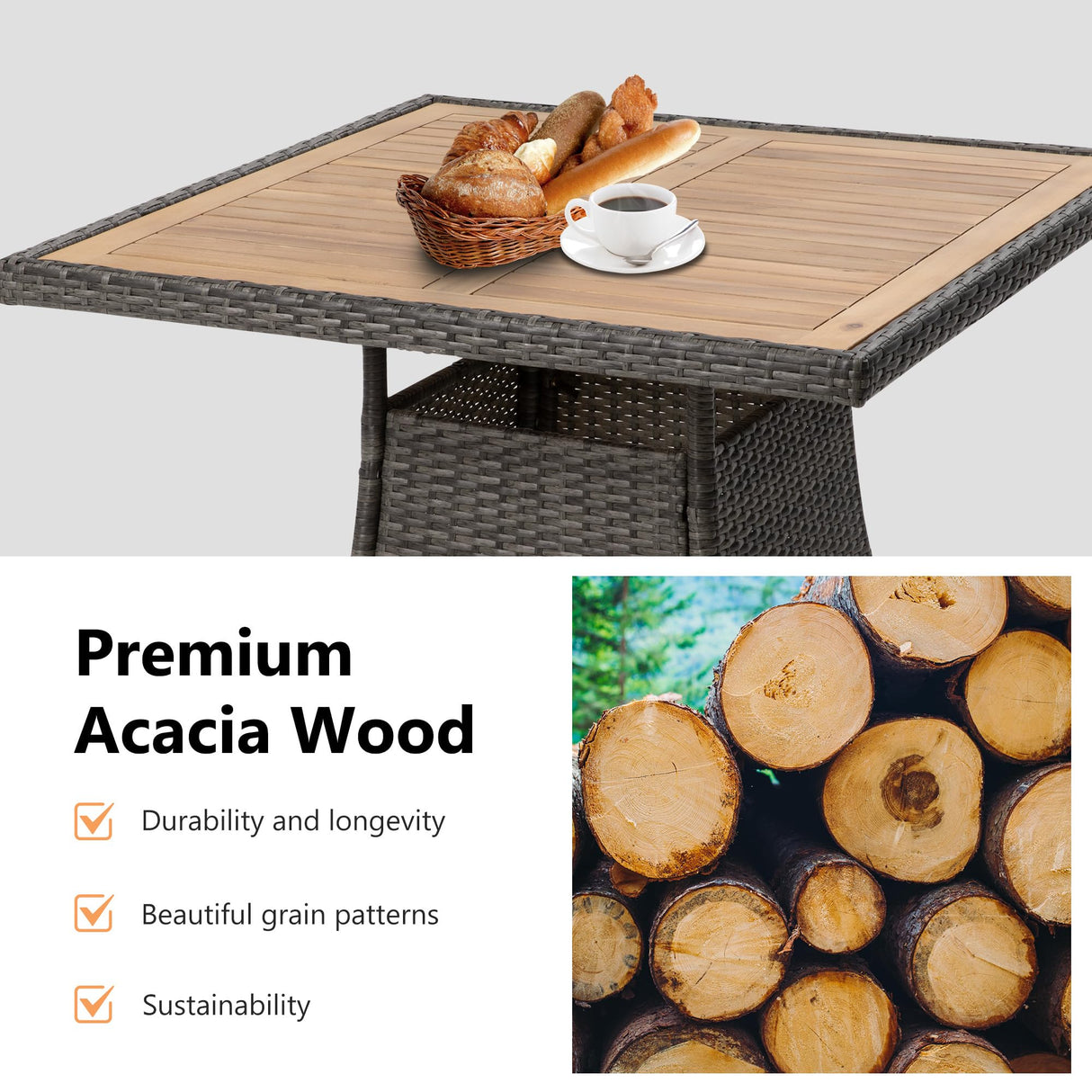 FansaFurn 5 Piece Patio Wicker Dining Sets for 4, Water-Resistant Rattan Outdoor Dining Table and 4 Chairs with Wood Table Top, Conversation Set Removable Cushions for Deck, Garden, Backyard, Gray FansaFurn