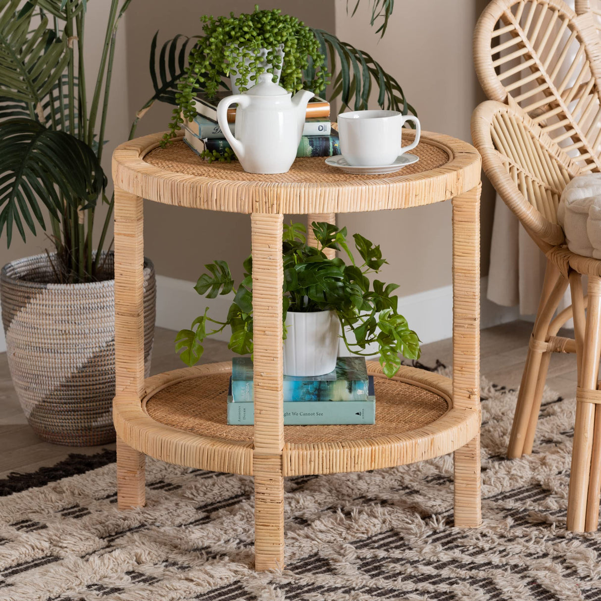 bali & pari Bella Natural Rattan End Table, 2-Tier bali & pari
