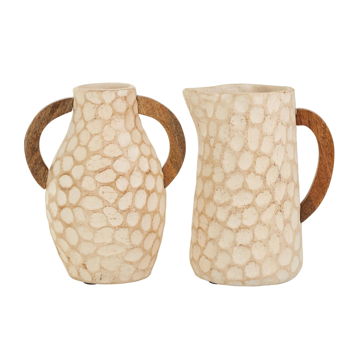 Deco 79 Paper Mache Decorative Vase Honeycomb Inspired Jug Centerpiece Vases with Brown Wooden Handles, Set of 2 Flower Vases for Home Decoration 6" W,9" H, Beige Deco 79