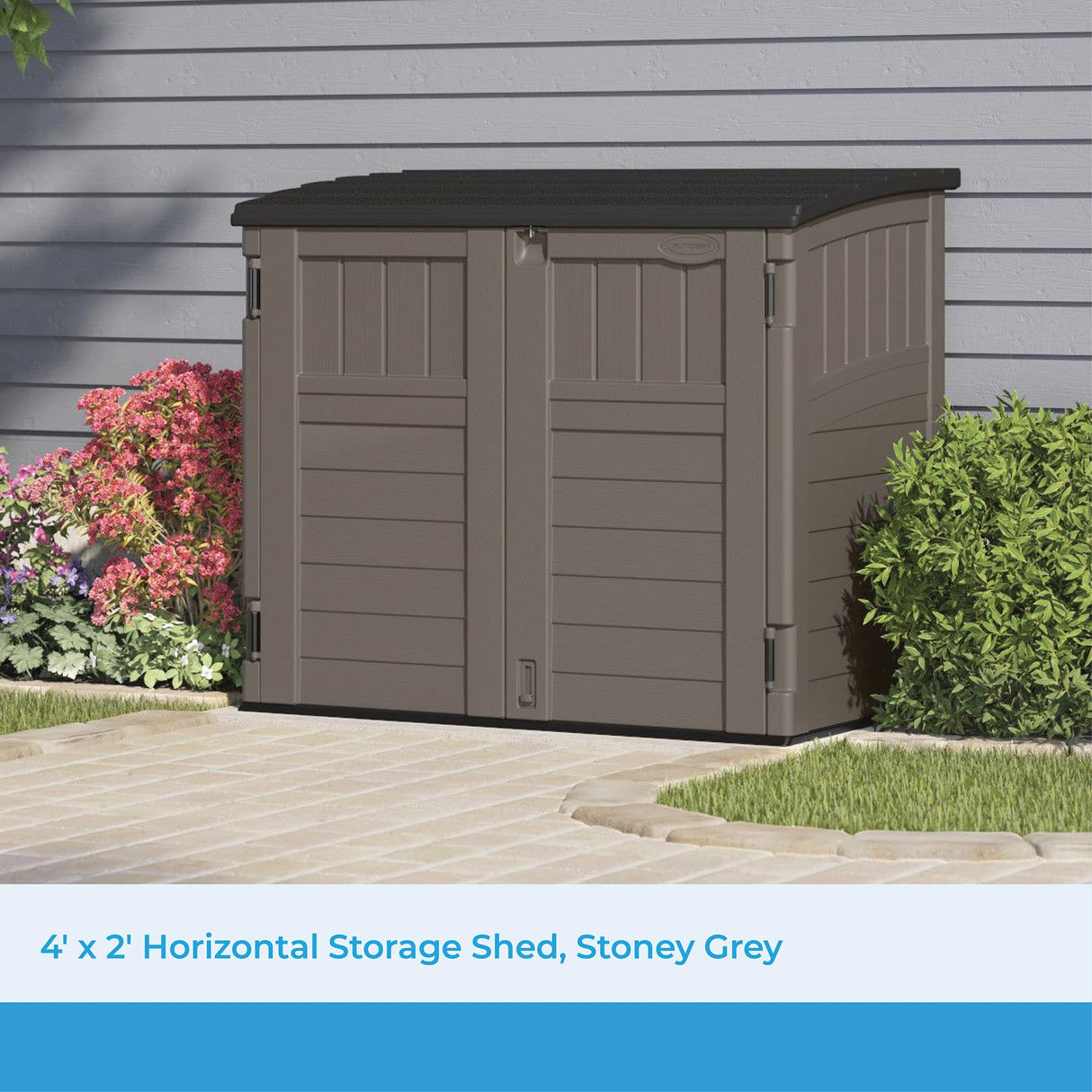Suncast Modernist 4' x 2.5' Lockable Outdoor Garden Resin Low Profile Horizontal Storage Shed with 3 Doors, 34 Cubic Feet, Gray Suncast