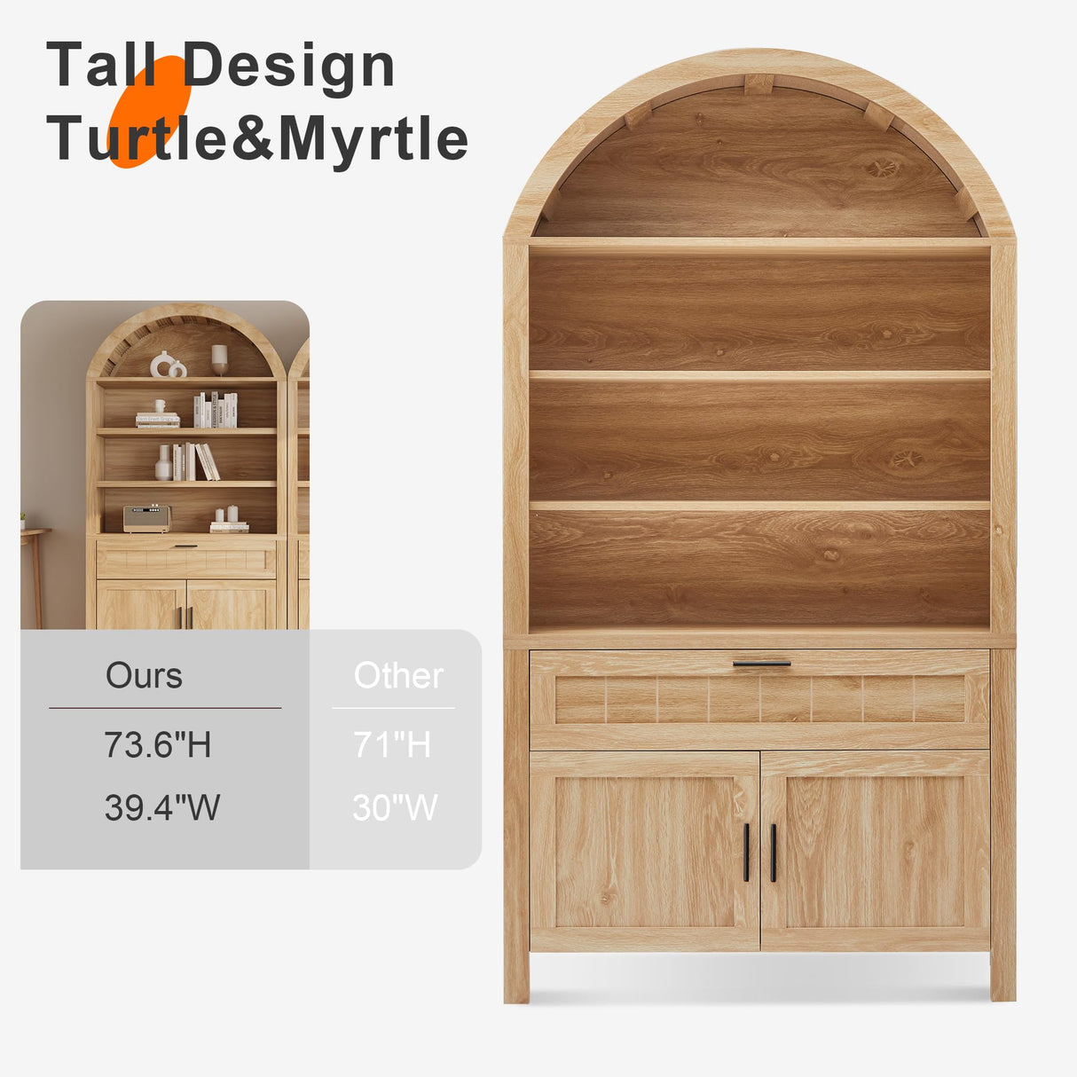 Turtle&Myrtle 73" H Large Arched Bookshelf,5-Tier Arch Bookcase with Doors,Mid Century Modern Book Shelf with Drawers,Wood Bookshelf w/Open Display Shelves for Living Room, Office (Natural) Turtle&Myrtle