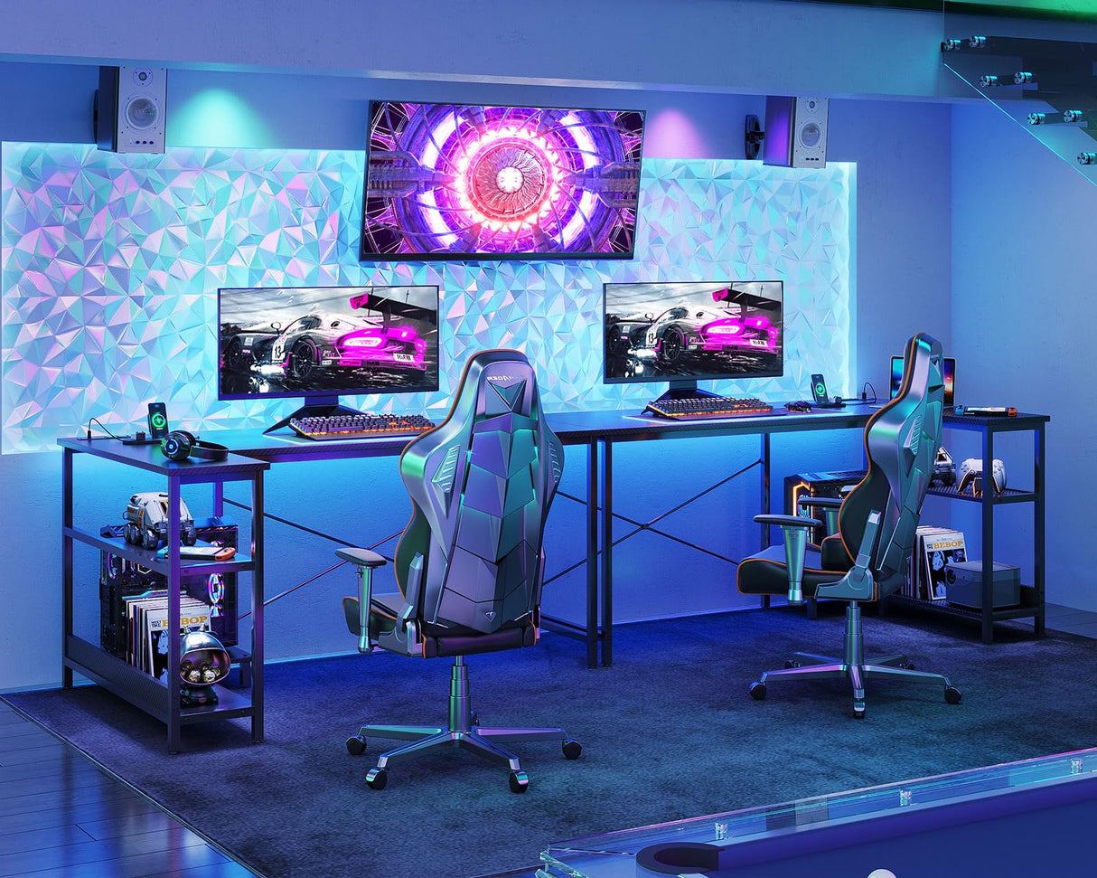 ODK 55 Inch L Shaped Gaming Computer Desk with Power Outlets, Corner Desk with Reversible Storage Shelves & PC Stand for Small Space, Modern Simple Home Office Table, Carbon Fiber Surface, Black ODK