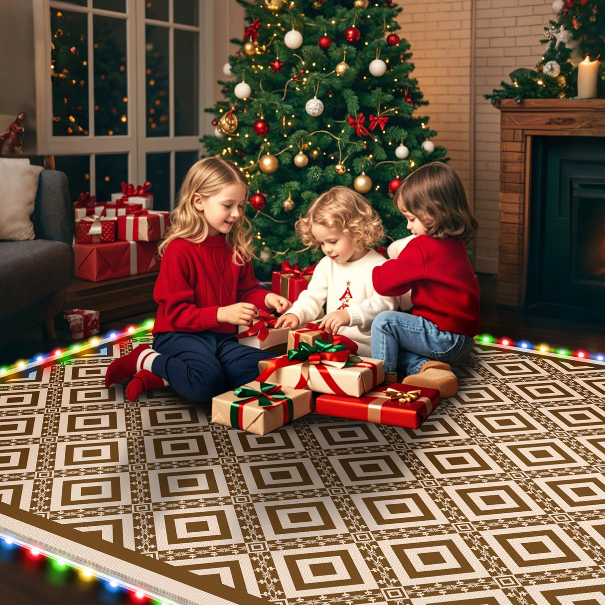 RV Outdoor Rug with Lights 8x10ft, Outdoor Camping Rug, Waterproof, Easy Cleaning, Non Shedding, Foldable and Portable, Reversible Mats for RV, Deck, Beach, Camping, Patio, Picnic (Brown & White) Pafolo