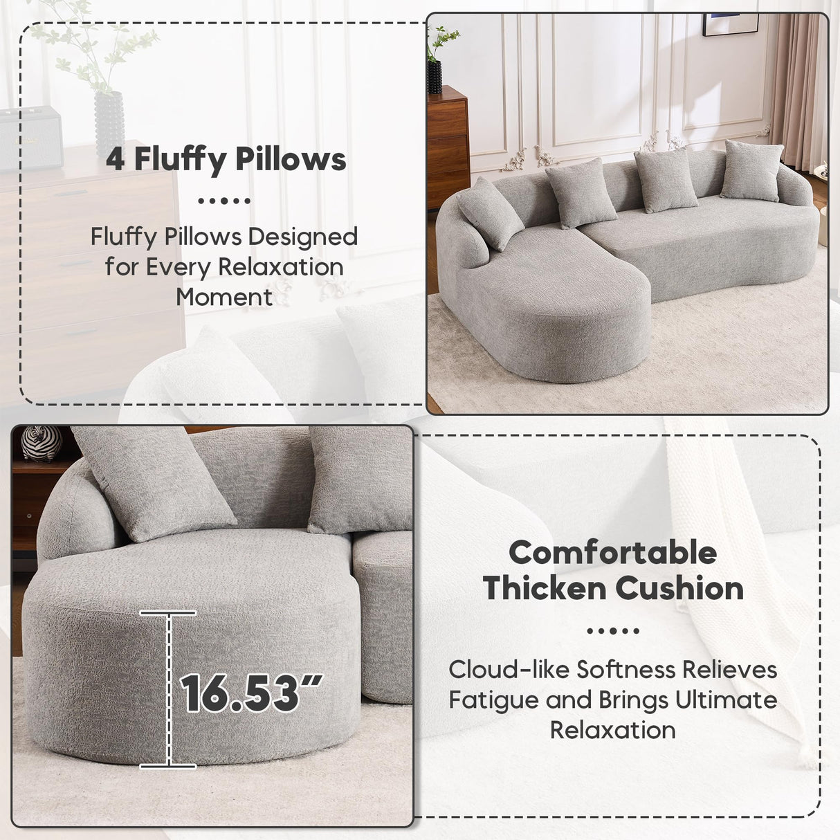 VYNELITO Oversized Sectional Sofa with Chaise for Living Room, 99" Modern Luxury Chenille 4-Seater Sofa Extra Wide Seat L-Shape Curved Cloud Couch with 4 Throw Pillows, Light Grey VYNELITO