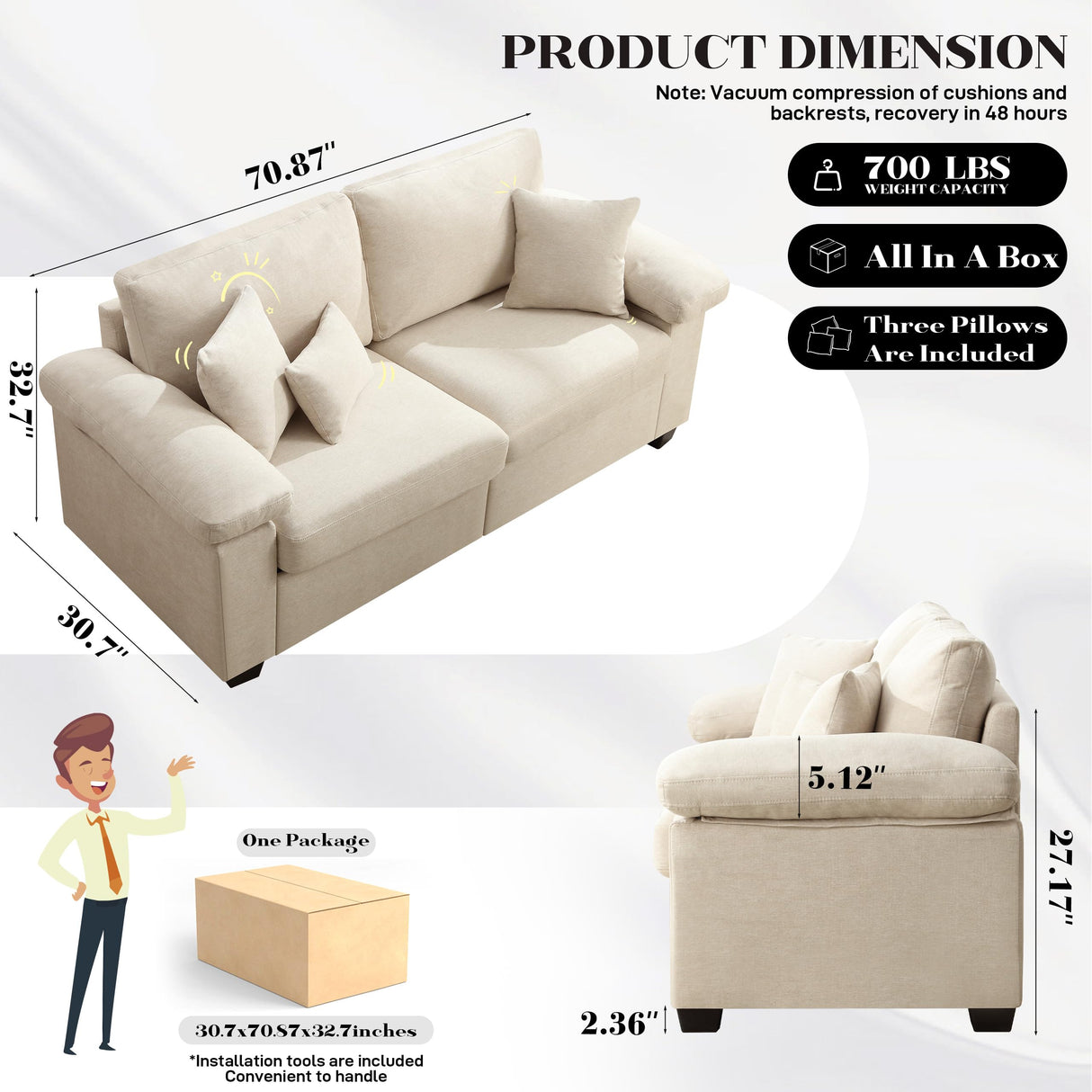 jonpony 71" W Loveseat Sofa, Modern Couch with Wide Armrests, Extra Deep Love Seats for Living Room, Overstuffed Lounge Sofa with Comfy Fabric, Removable Cover Spring Cushions, Beige jonpony