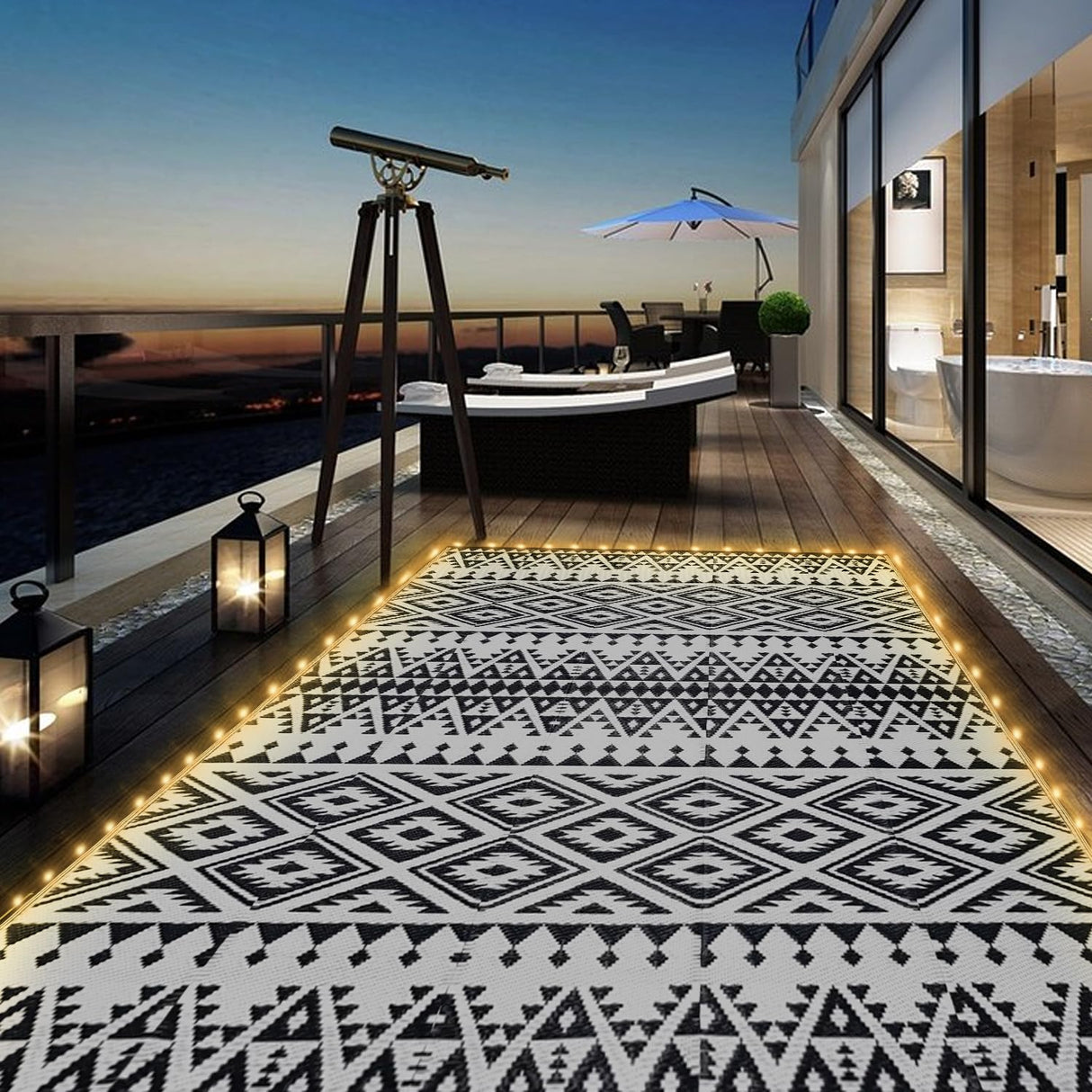 6x9ft Waterproof Outdoor Rug with LED Lights, Bohemia Reversible Plastic Straw Mat for Patio RV Camping Picnic Balcony Beach Deck Indoor Outdoor Carpet, Black&White DiiKoo