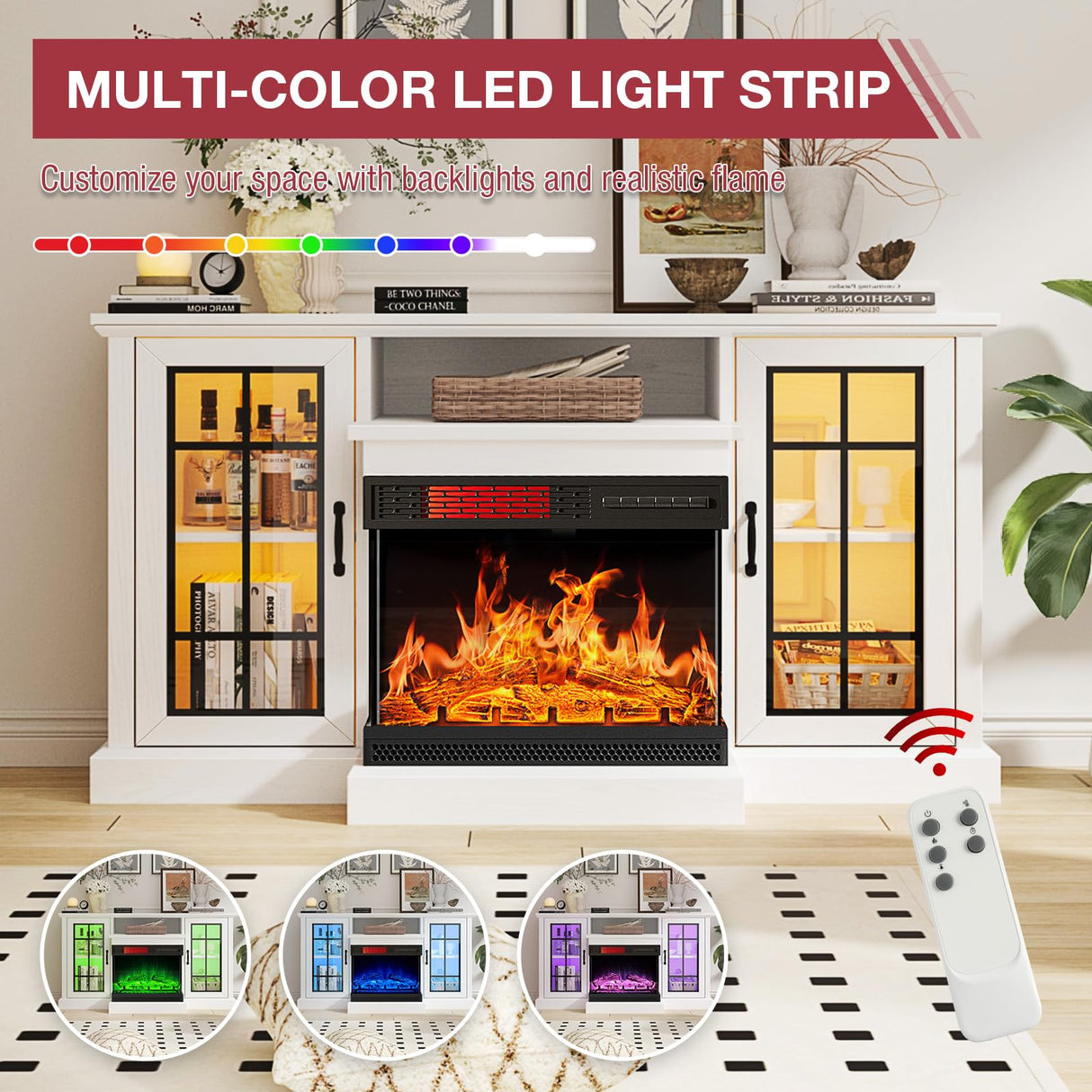 oneinmil 59'' Fireplace TV Stand, 3 Sided Glass Media Entertainment Center Console Table for TVs up to 65'' with Glass Door Adjustable Flame LED Color for Living Room, Set of TV Table, White oneinmil