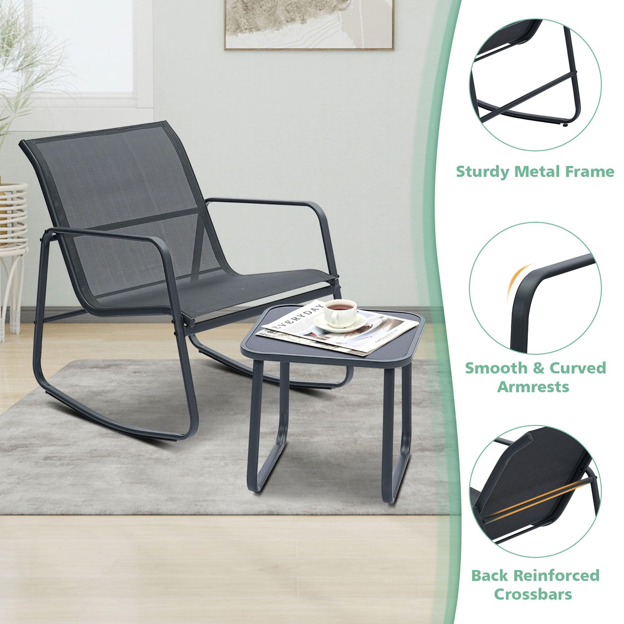 Ainfox 3 Piece Patio Outdoor Furniture Set, Textilene Fabric Patio Conversation Bistro Set with Rocking Bistro Chairs and Table, Small Patio Furniture Set for Backyard, Lawn, Garden, Poolside Ainfox