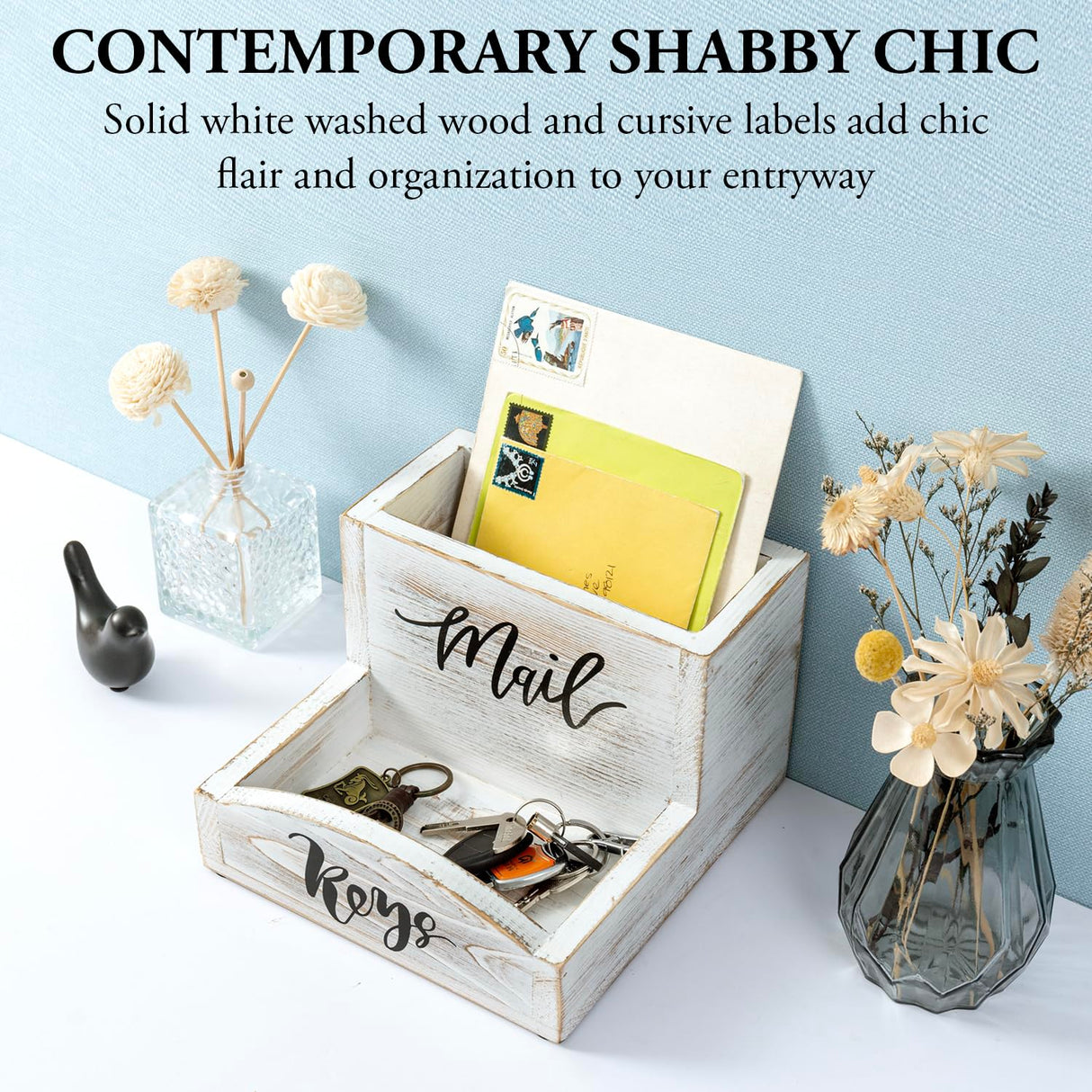 MyGift Shabby Whitewashed Solid Wood Mail Holder and Key Organizer Entryway Storage Tray with Cursive Mail and Keys Word Design, Office Desktop Organizing Bin MyGift