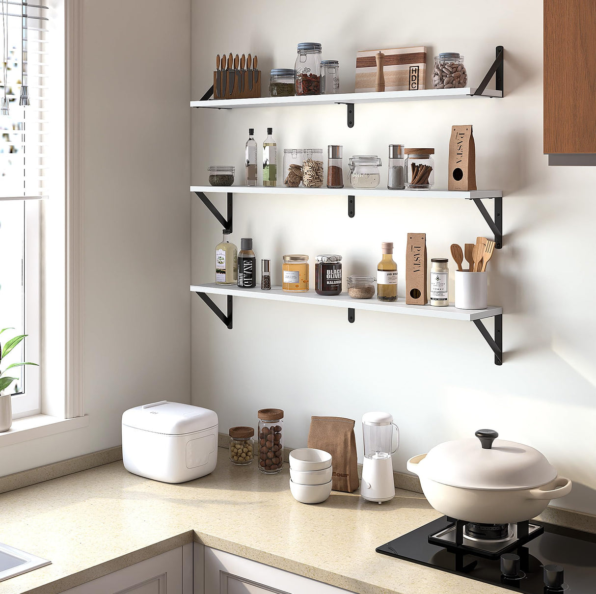 Heimlove Floating Shelves for Wall, 36 Inch Long Wood Floating Bookshelf Set of 3, Wall Mounted Hanging Shelf for Bathroom Bedroom Kitchen, White Heimlove