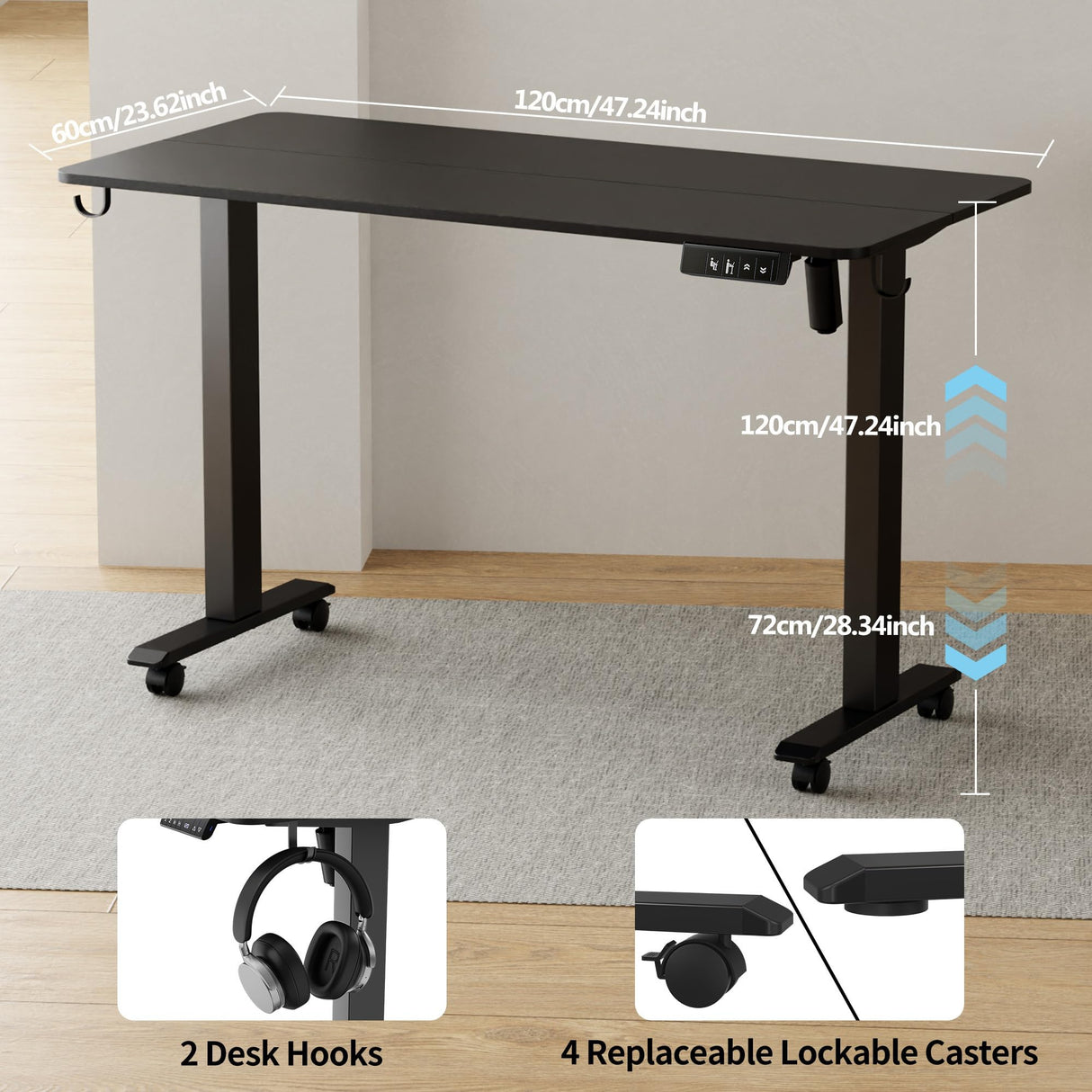 TIQLAB Standing Desk, 47 x 24 inch, Electric Height Adjustable, Black Frame/Black Top, 20001 TIQLAB