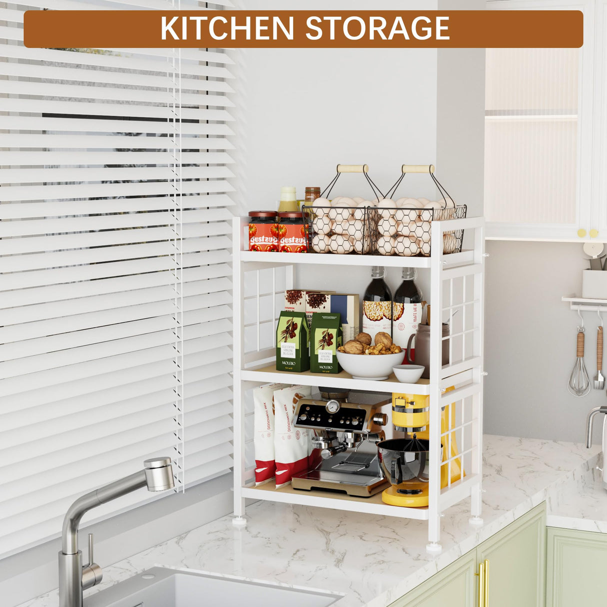GIOTORENT 3-Tier Pantry Shelves with Wooden Boards, Heavy Duty Storage Shelves & Book Shelf, Adjustable Metal Shelving Unit for Kitchen Bathroom Laundry Organizer, Sturdy Rust-Resistant, White GIOTORENT