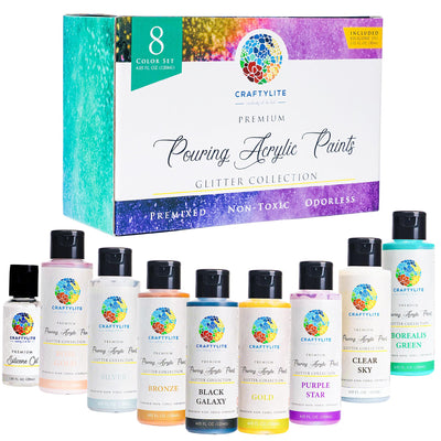 CRAFTYLITE Acrylic Pouring Paint - Glitter Colors - Set of 8 Colors - 4 fl.oz. (120ml) Bottles - Included Silicone Oil 1 fl.oz. (30ml)