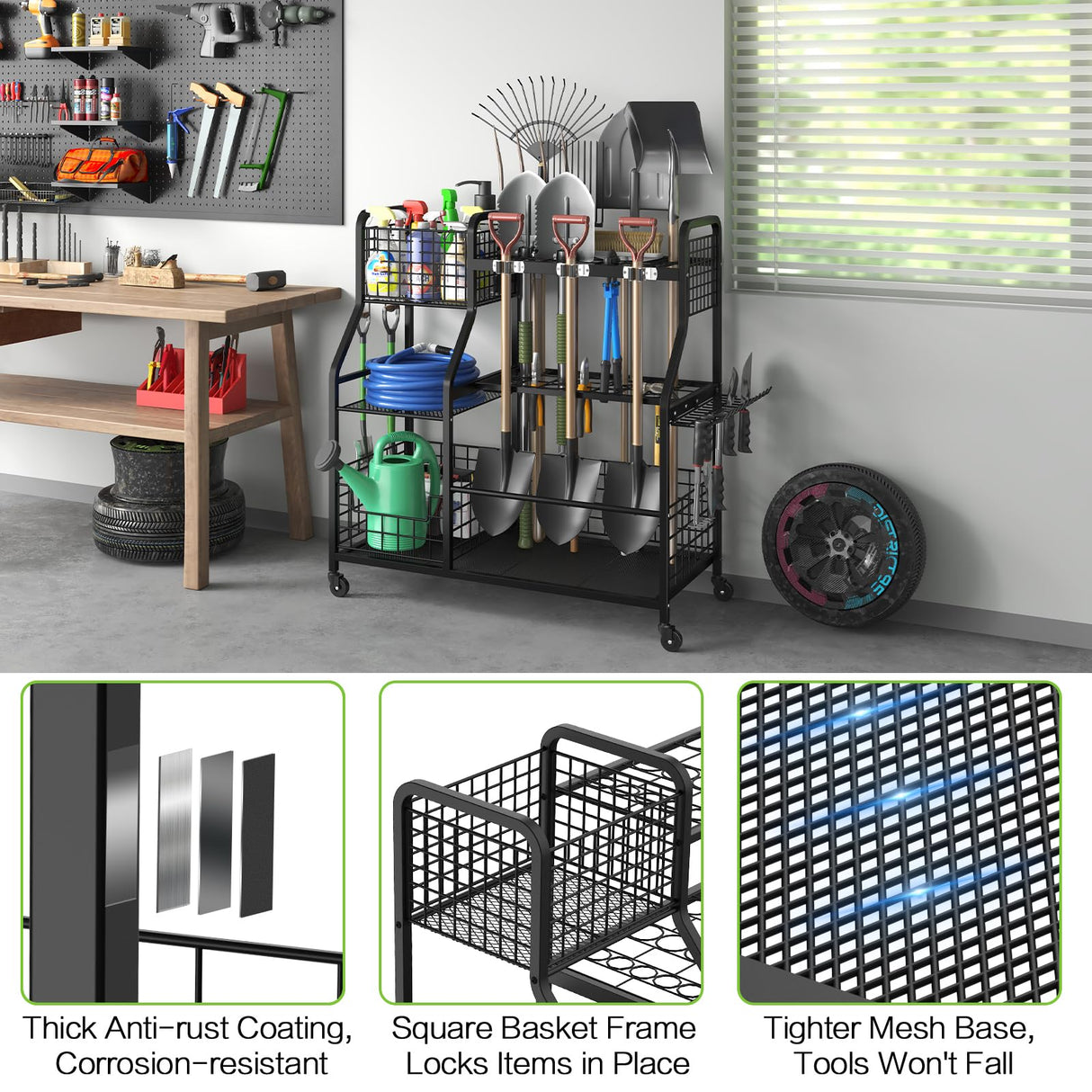 keomaisyto Garden Tool Organizer with Heavy Duty Wheels for Garage - with 2 Baskets, Large Yard Tool Organizer and Storage Holder, Utility Garden Tool Rack for/Shed/Garage/Yard/Basement/Lawn keomaisyto