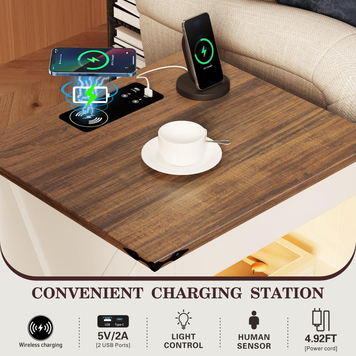 LED Nightstand with Gun Drawer: Bedside Table with Charging Station for Bedroom Furniture – Farmhouse Night Stand with 3 Colors Smart Human Sensor Lights for Living Room End Table, White HWB