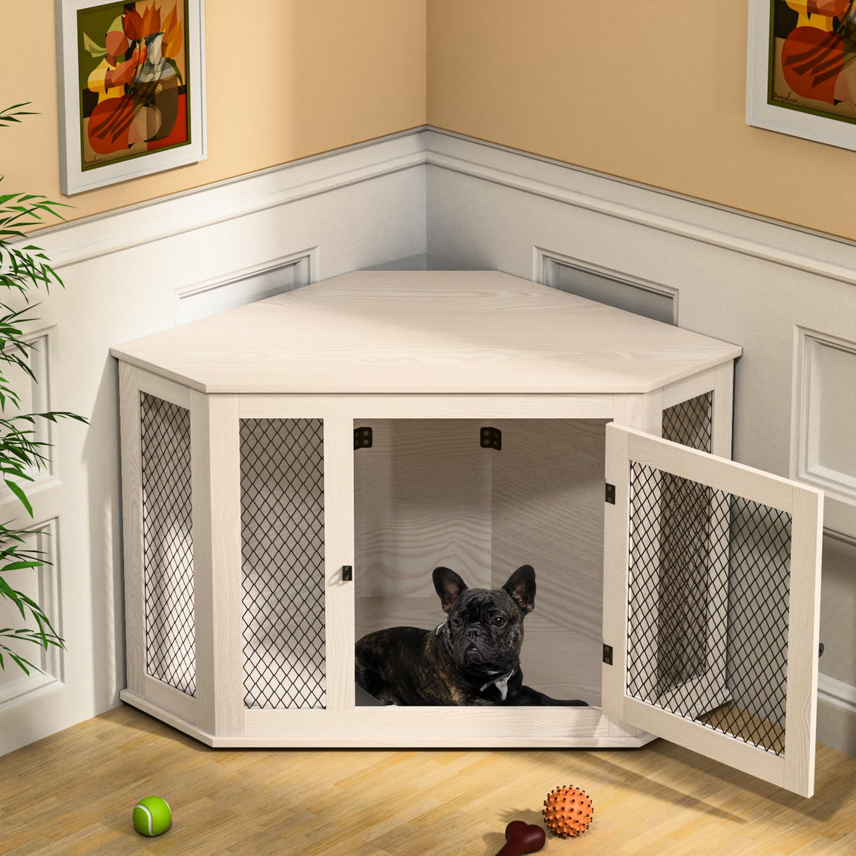 VENDORZ Corner Dog Crate Furniture, 44" Wooden Dog Kennel Furniture End Table with Mesh, Dog Kennel Indoor Furniture for Small Medium Dogs, Modern Decorative Wood Pet House Dog Cage Crate, White VENDORZ