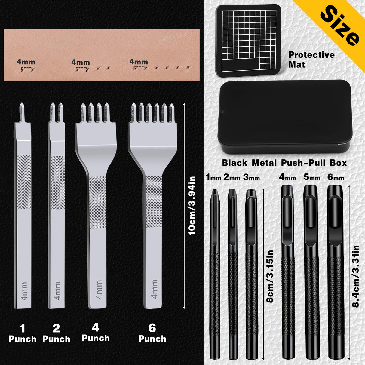 Leather Stitching Punch Leather Hole Punch Tool Set, 4mm 1/2/4/6 Prong Punch Leather Chisel, Round Leather Hole Punch for Leather Belt, Watch Band, Leather Strap DIY Leather Crafts MORFEN