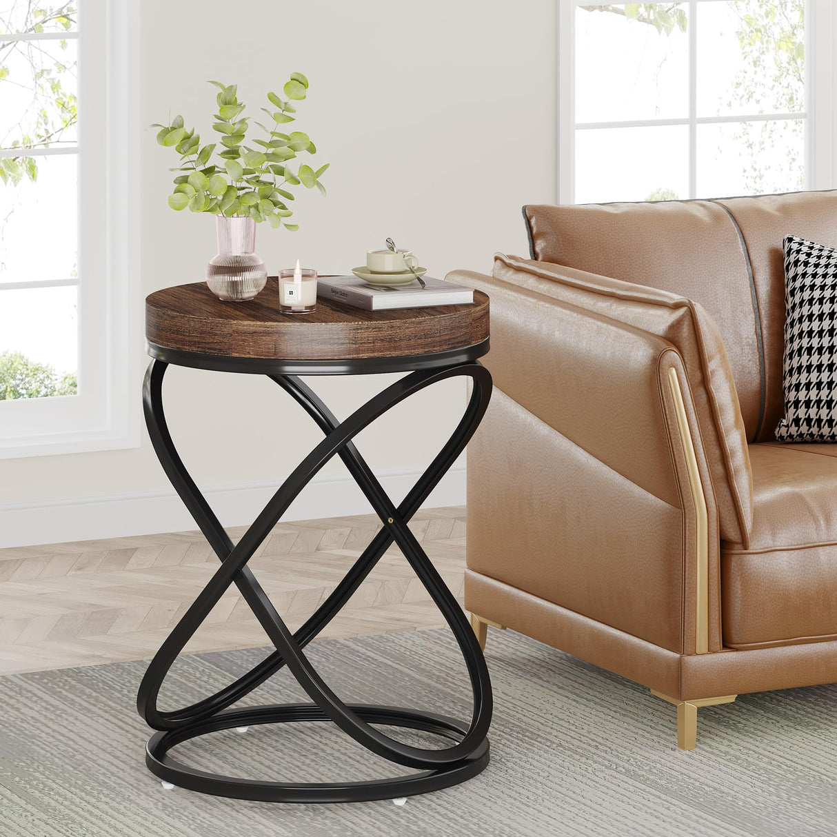 Tribesigns Round End Table, 26 Inches Nightstands Sofa Side Table with Double X-Shaped Ring Unique Design for Livingroom Bedroom (1, Brown) Tribesigns
