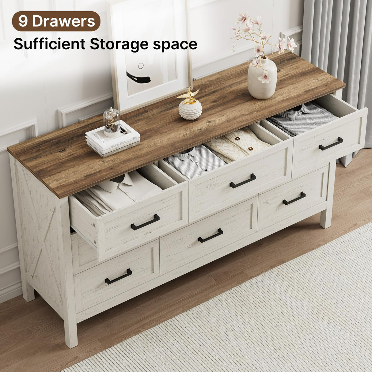 LYNSOM Farmhouse 9 Drawers Dresser for Bedroom, 55" Wide Wood Rustic Chest of Drawers with Natural Texture, Metal Handle, Storage Dressers Organizer for Entryway, Hallway, Antique White