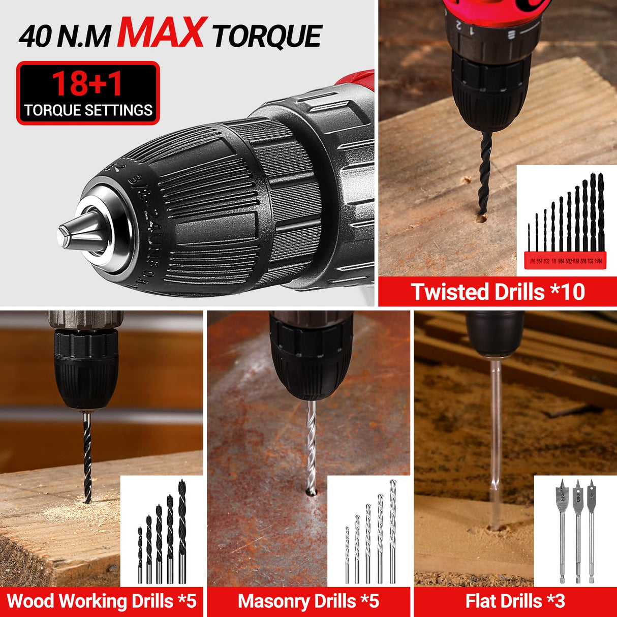 Red Drill Tool Kit Set: 20V Cordless Power Drill Tool Box with Battery Electric Drill Driver for Men Home Hand Repair Basic Toolbox Tools Sets Drills Case DEKOPRO