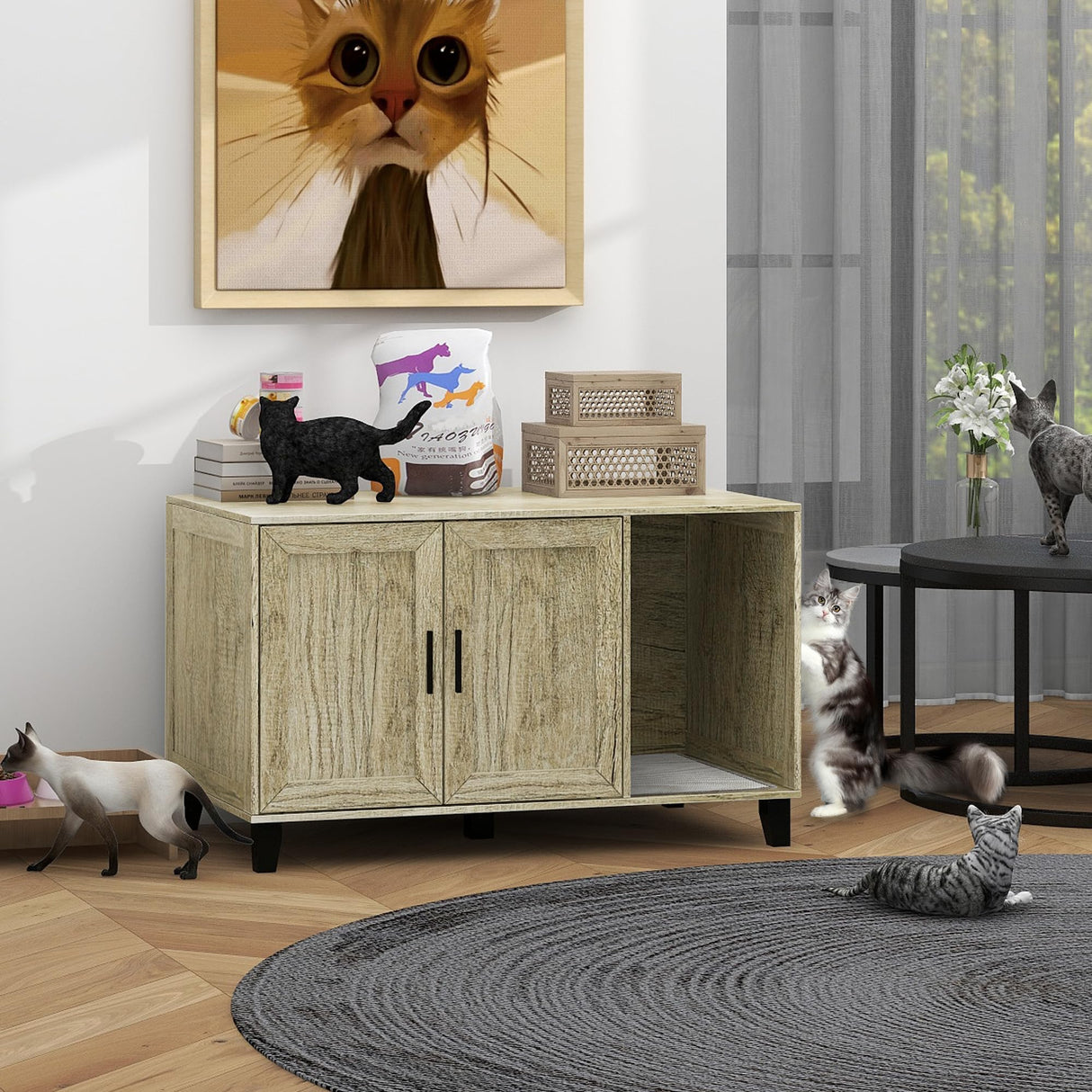 TaoHFE Hidden Cat Litter Box Enclosure Furniture with Cats Scratch Pad Farmhouse Enclosed Cat Litter Boxes Cabinet Furniture with Doors Wooden Indoor Cats Box House,Oak TaoHFE