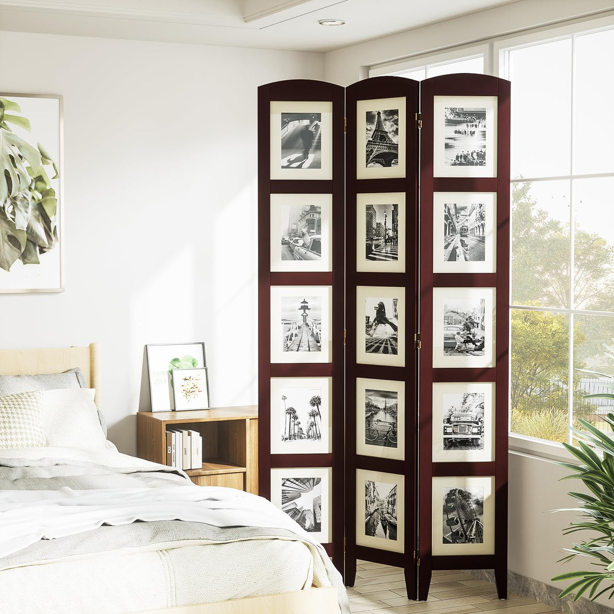SZQINJI 3 Panel Photo Room Divider Screen, Solid Wood Divider for Room Separation for 8x10 Picture Frame Without Mat for 5x7 Photo with Mat, Walnut SZQINJI