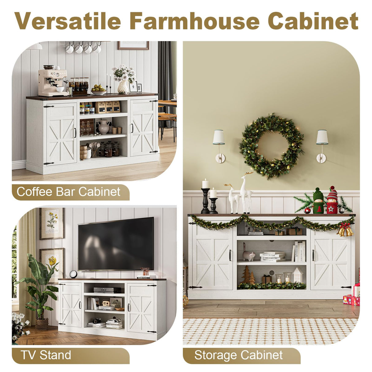 XVD 66" Farmhouse Coffee Bar with Charging Station, Sideboard Buffet with Large Storage, Wood Storage Cabinet with Adjustable Shelves for Kitchen, Living Room, Rustic White XVD