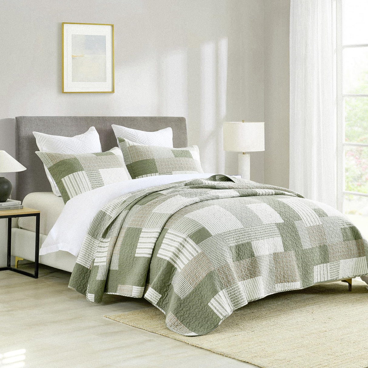 SahSahCasa Quilt King Size, King Quilt Set, 100% Cotton King Quilt Bedding Set Bedspreads, Farmhouse Patchwork Quilt, Plaid Reversible Lightweight Rustic Bedspread, Green/Brown, 3Pcs SahSahCasa