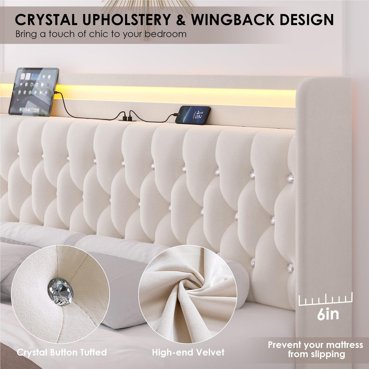 HIFIT Queen LED Bed Frame with Charging Station and 4 Storage Drawers, Velvet Upholstered Platform Bed with Handcrafted Crystal Button Wingback Headboard, Metal Frame with No Box Spring Needed, Beige HIFIT