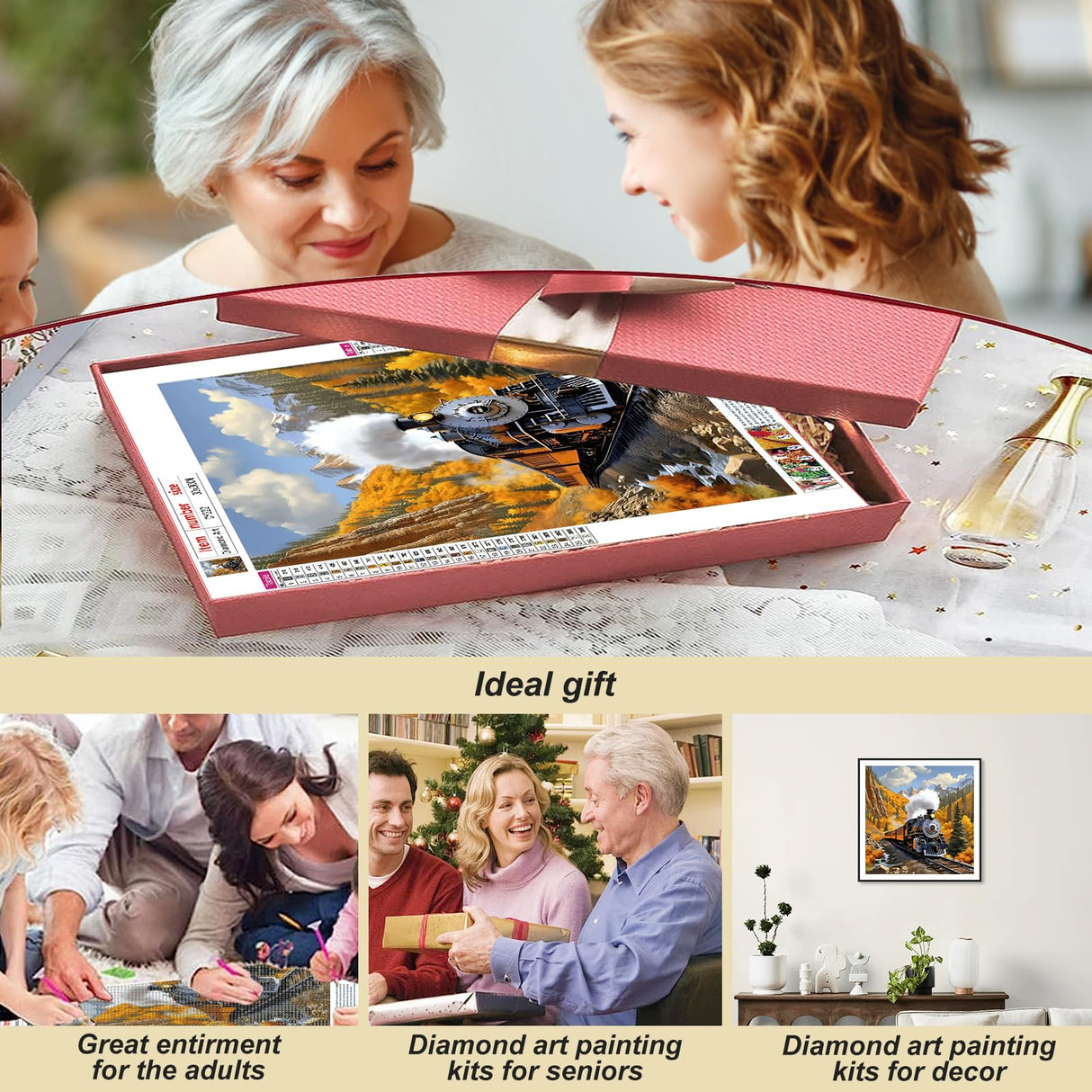 Stalente Diamond Painting Kits for Adults Train, 5D DIY Diamond Art Kits for Beginners Round Full Drill Diamond Painting for Home Wall Decoration Gift 12×12inch Stalente