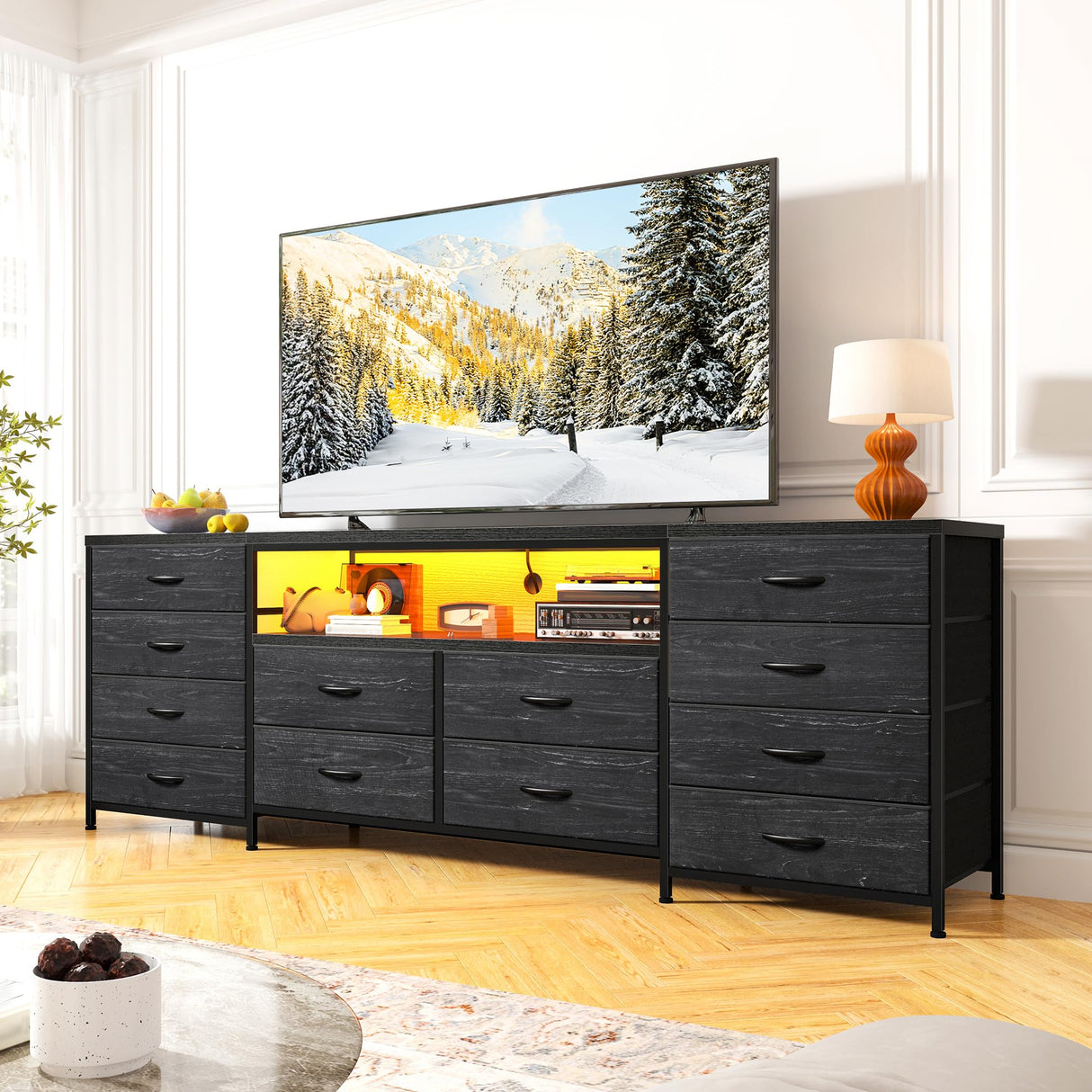 EnHomee 12 Drawer Dresser TV Stand for 65 70 75 Inch TV 63" W Extra Long Black Dresser for Bedroom with LED Lights & Power Outlets Entertainment Center with Drawers, Fabric Dresser for Closet EnHomee