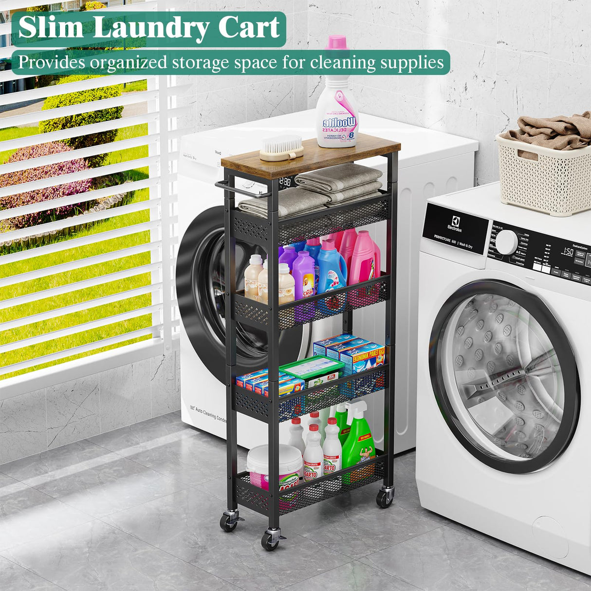 Giwil Slim Storage Cart 5 Tier Narrow Kitchen Rolling Cart on Wheels for Small Space, Metal Utility Cart Narrow Bathroom Storage Cabinet Mobile Shelf Unit Organizer with Wood Top and Handle, Black Giwil