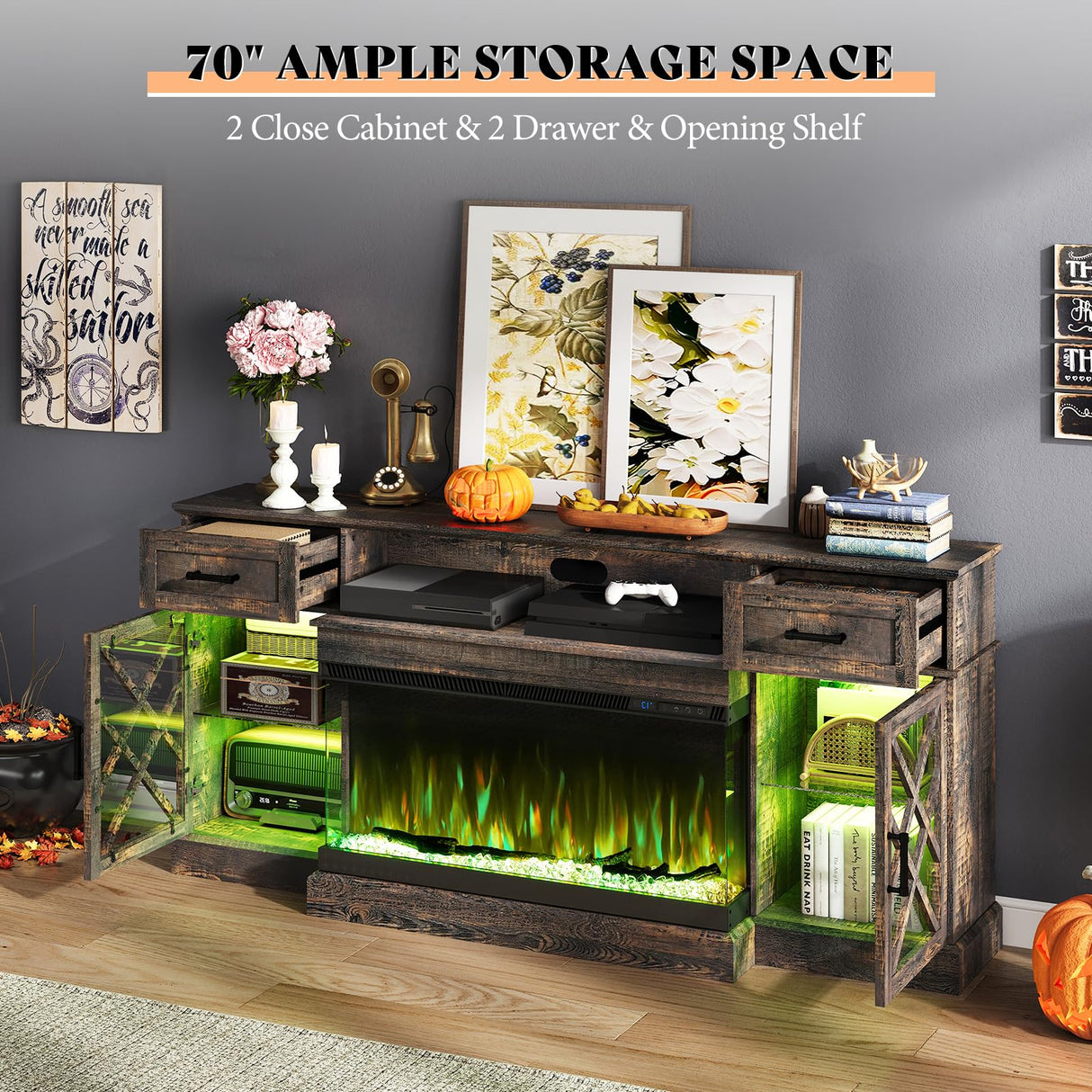 AMERLIFE Farmhouse LED Fireplace TV Stand with 3-Sided Glass Fireplace, 70" Large Entertainment Center for TVs up to 80", Rustic TV Console with Glass Door Storage for Living Room, Dark Oak Wood AMERLIFE