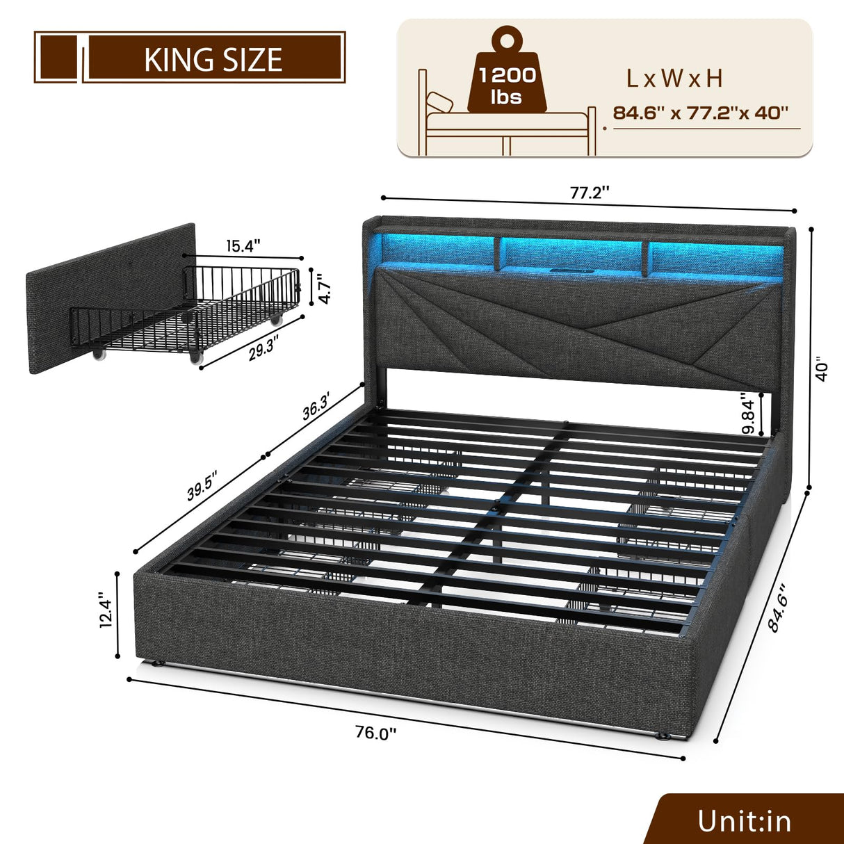 Driftalia LED King Size Bed Frame with 4 Storage Drawers, Upholstered King Bed Frame with 2-Tier Headboard and Charging Station, No Box Spring Needed, Easy to Assembly - Dark Grey Driftalia