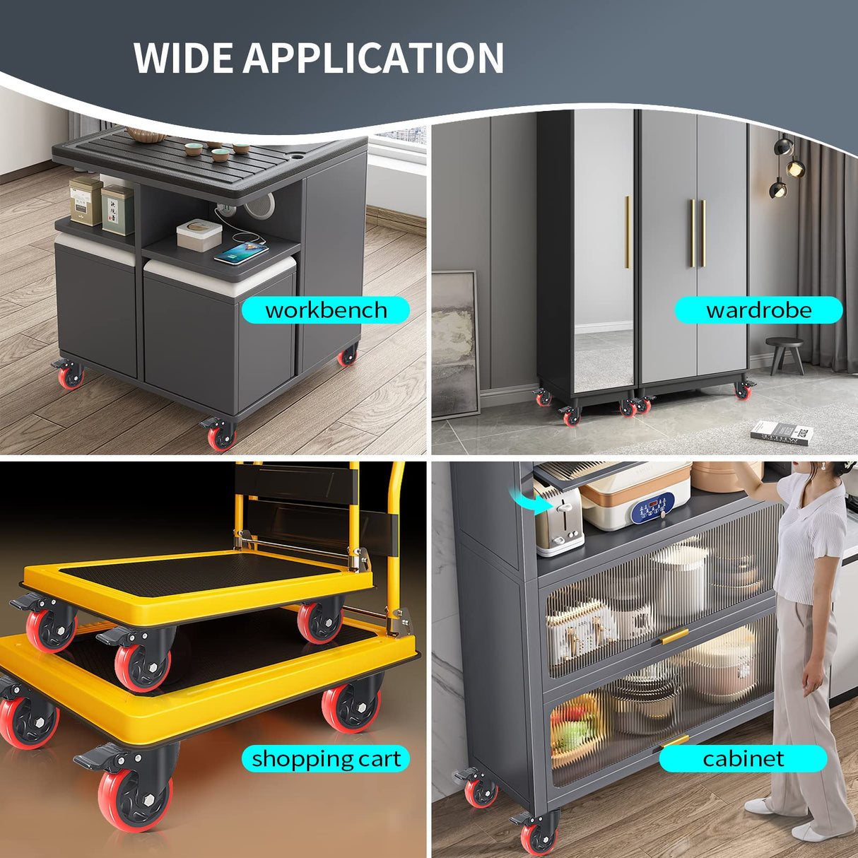 5 Inch Caster Wheels with Brake, Casters Set of 4 Heavy Duty 2000LBS, Safety Dual Locking Industrial Casters, Polyurethane Foam No Noise Wheels for Cart, Workbench(Two Hardware Kits Provided) Ashxakv