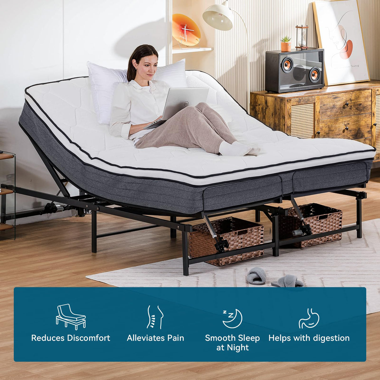 COMHOMA Adjustable Bed Frame King Bed Base with Remote Control, Independent Head and Foot Incline, Adjustable Bed Frames with Mattress Holder, Bed Base Only King-73 COMHOMA