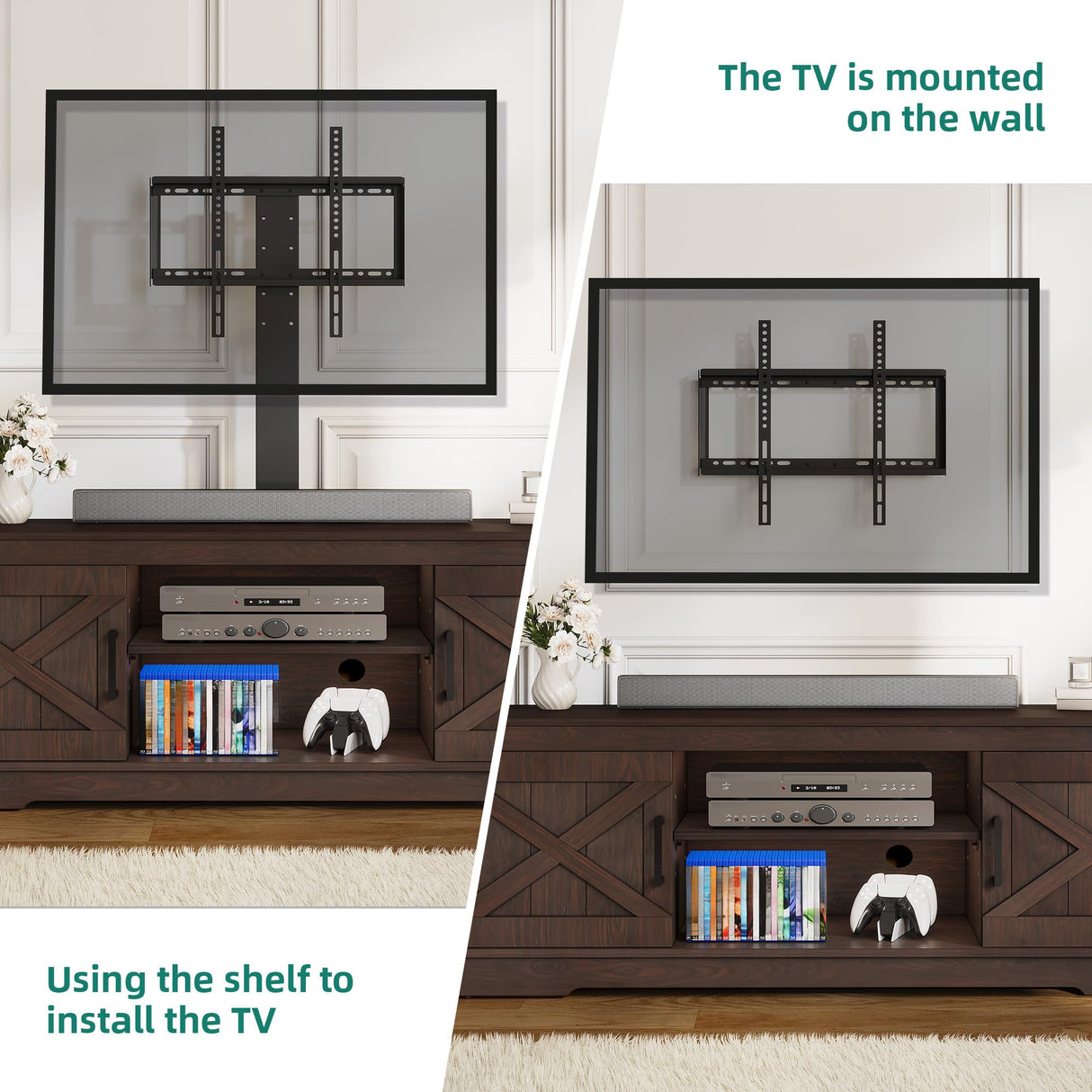 YITAHOME Farmhouse TV Stand with Mount, Sturdy TV Stand Mount for 32/45/55/60/65/70 inch TVs, Entertainment Center with Adjustable Shelf, TV Cabinet Media Console for Living Room, Espresso YITAHOME