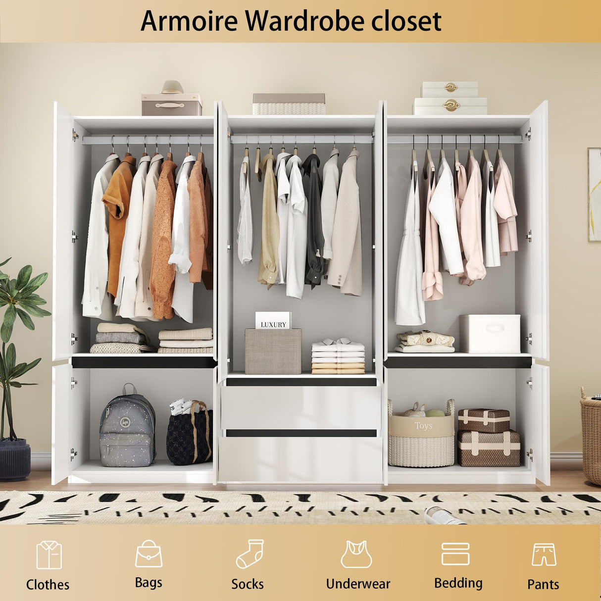LABROSKIA Wardrobe Closet with 6 Doors: 75" White Armoire with 2 Drawers, Wooden Wardrobe for Hanging Clothes, Tall Storage Cabinet with Shelves and Hanging Rod LABROSKIA