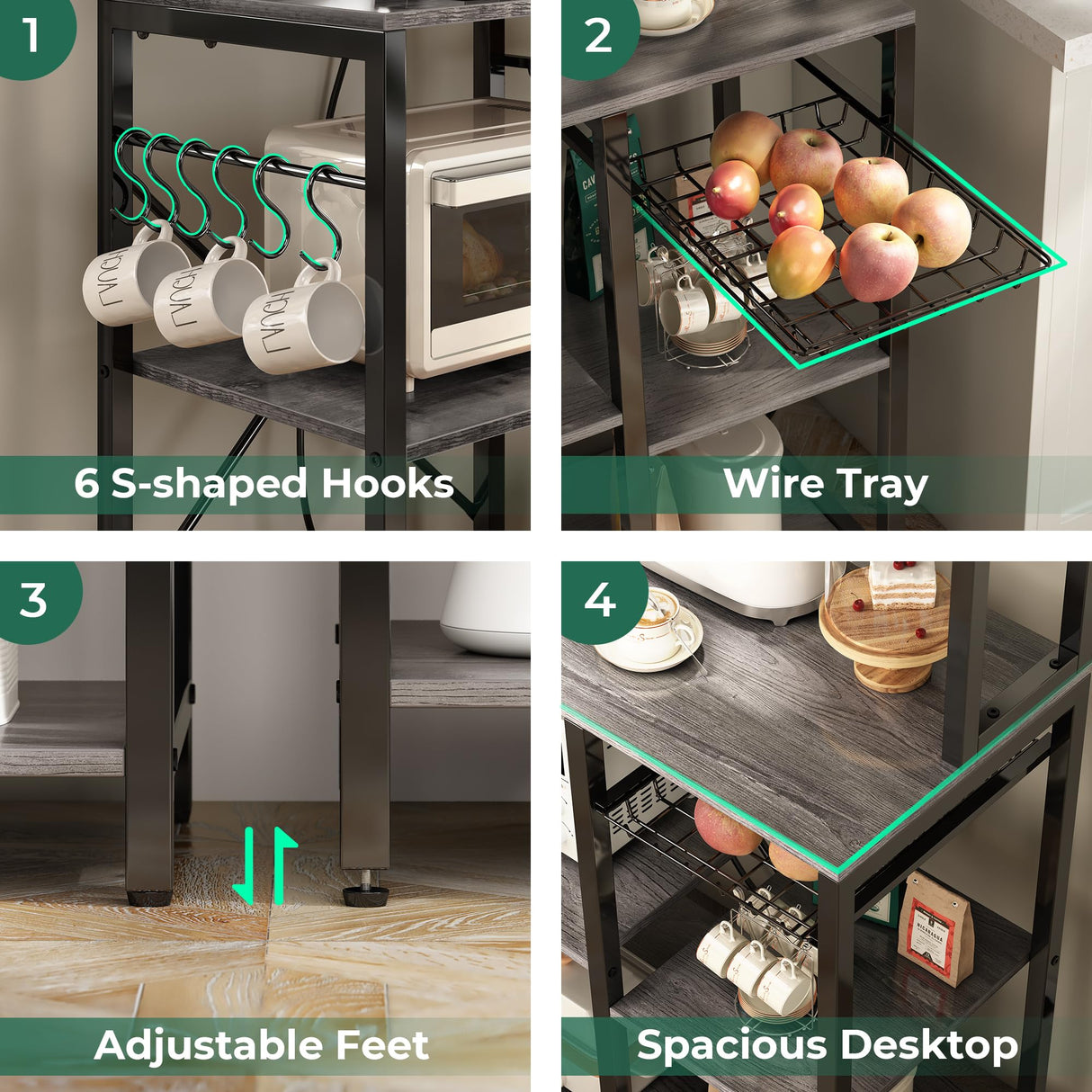 SUPERJARE Bakers Rack with Power Outlet, 35.4 Inches Coffee Bar with Wire Basket, Kitchen Microwave Stand with 6 S-Shaped Hooks, Open Storage Shelves, Charcoal Gray SUPERJARE