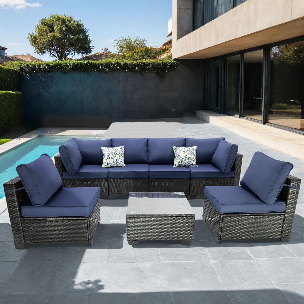 OUGMMGOU 7 Piece Patio Furniture Set, All-Weather Wicker Outdoor Conversation Set with Sectional Sofa, Rattan PE Wicker Seating, Glass Coffee Table, and Cushions (Coffee-Dark blue, Z7) OUGMMGOU