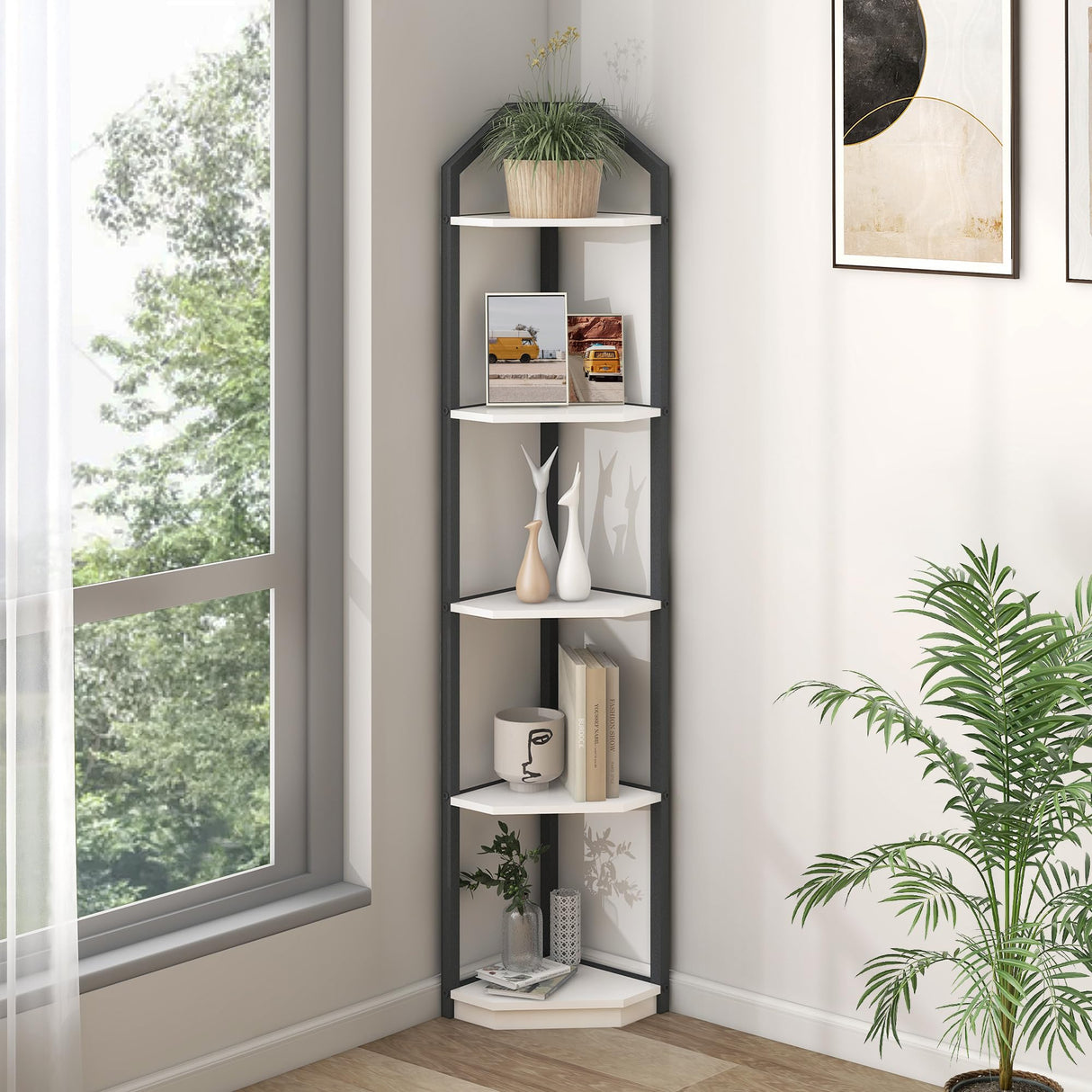 5-Tier Rustic White Corner Bookshelf - Multifunctional Storage and Display Stand Fun Memories