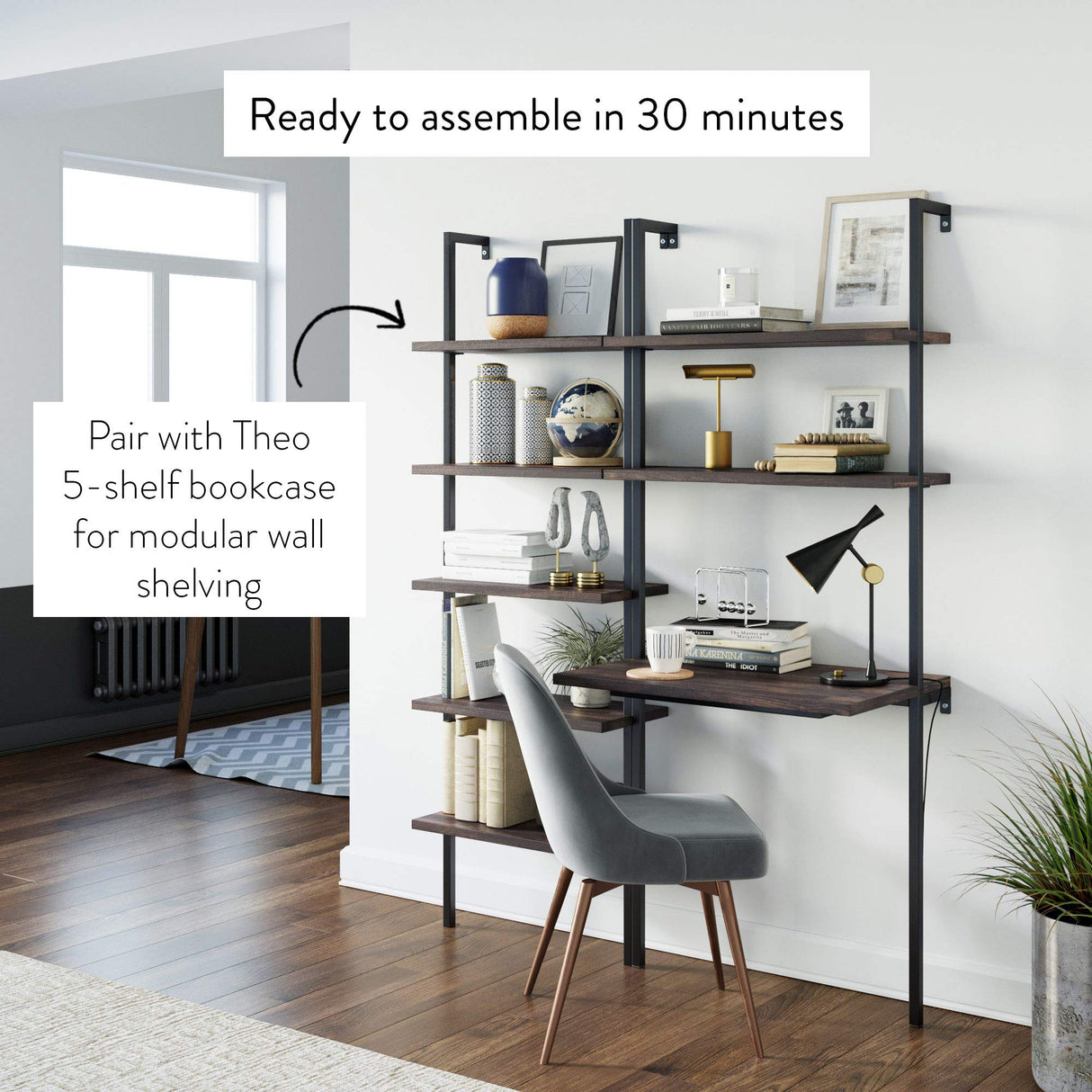 Nathan James Theo 2-Shelf Industrial Wall Mount Ladder Table, Small Computer or Writing Desk, Nutmeg/Matte Black Nathan James