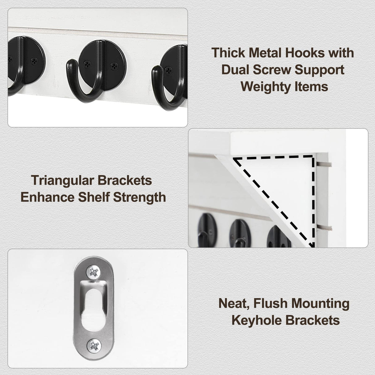 Lwenki Wall Key Holder with Shelf, Rustic Shelf with Hooks Made of Paulownia Wood Holds Keys, Dog Leash, Bags and More - 13.7" W x 4.7" H x 3.5" D Decorative Key Hanger and Entryway Shelf (White) Lwenki