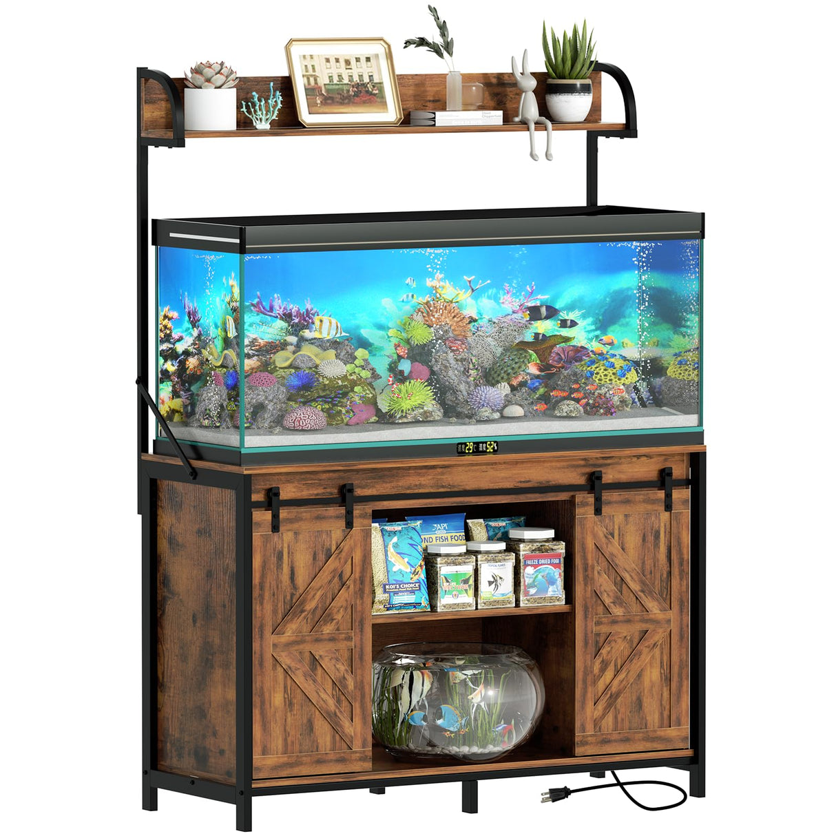 SYESWAY 55-75 Gallon Fish Tank Stand with Power Outlets, Heavy Duty Metal Frame Aquarium Stand with Barn Door, Turtle Reptile Terrariums Stand, 1000LBS Capacity, Brown SYESWAY