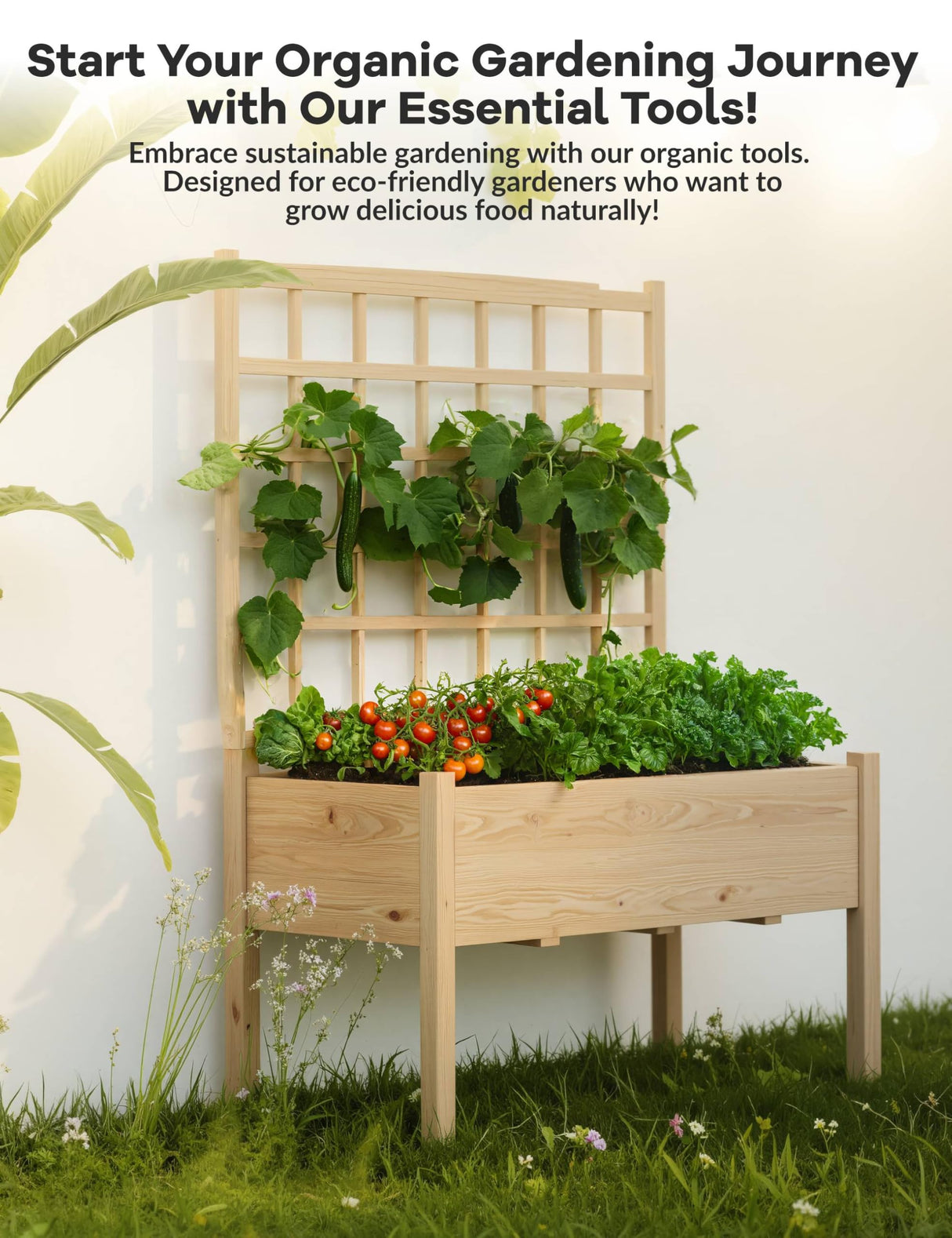 Raised Garden Bed with Legs for Outdoors, 46"x23"x65" Wooden Elevated Planter Box with Trellis, Planter Liner for Backyard, Patio, Balcony, Bed Liner for Climbing Plants, Flowers, Vegetables GarveeLife