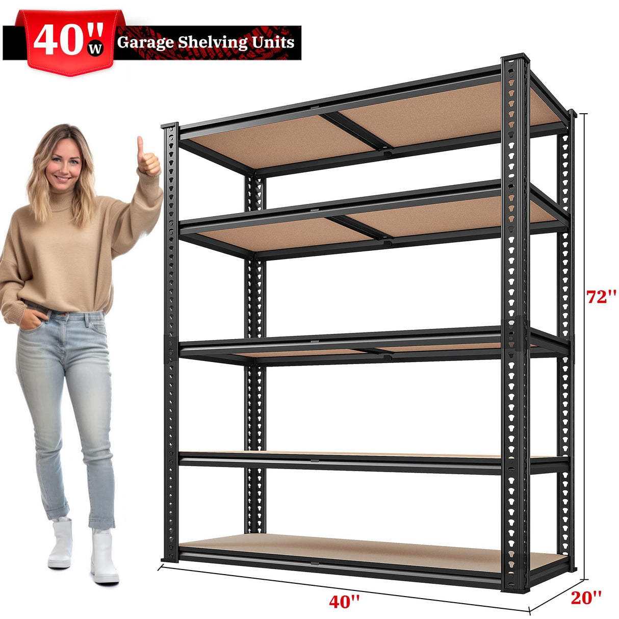 REIBII 2500LBS Garage Shelving 72''H Storage Shelves Heavy Duty Shelving 5 Tier Metal Shelves for Garage Shelves Adjustable Shelving Units and Storage for Closet Pantry Shelf, 72" H x 40" W x 20" D,2P REIBII