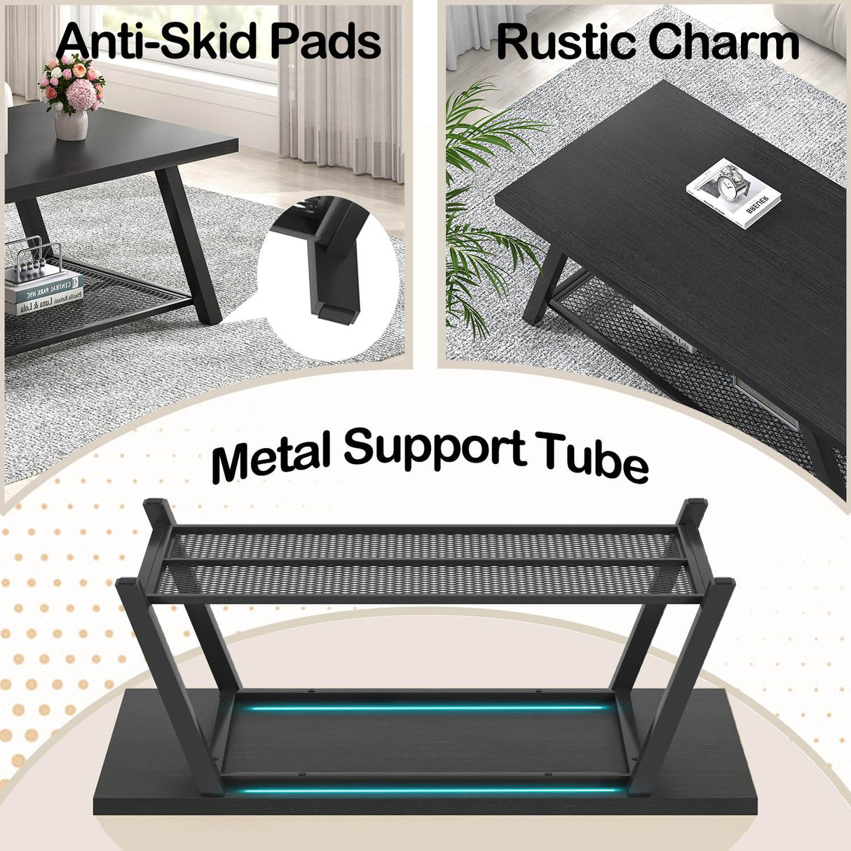 FOLUBAN Black Coffee Table, Modern Rustic Wood and Metal Living Room Table with Storage Shelf, Industrial Rectangle Cocktail Tea Table, 47 Inch