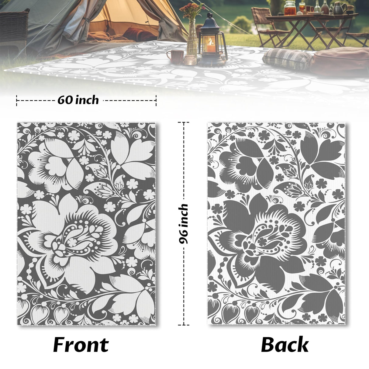 RV Outdoor Rug with Lights 5x8ft, Outdoor Camping Rug, Waterproof, Easy Cleaning, Non Shedding, Foldable and Portable, Reversible Mats for RV, Deck, Beach, Camping, Patio, Picnic (Grey & White) Pafolo