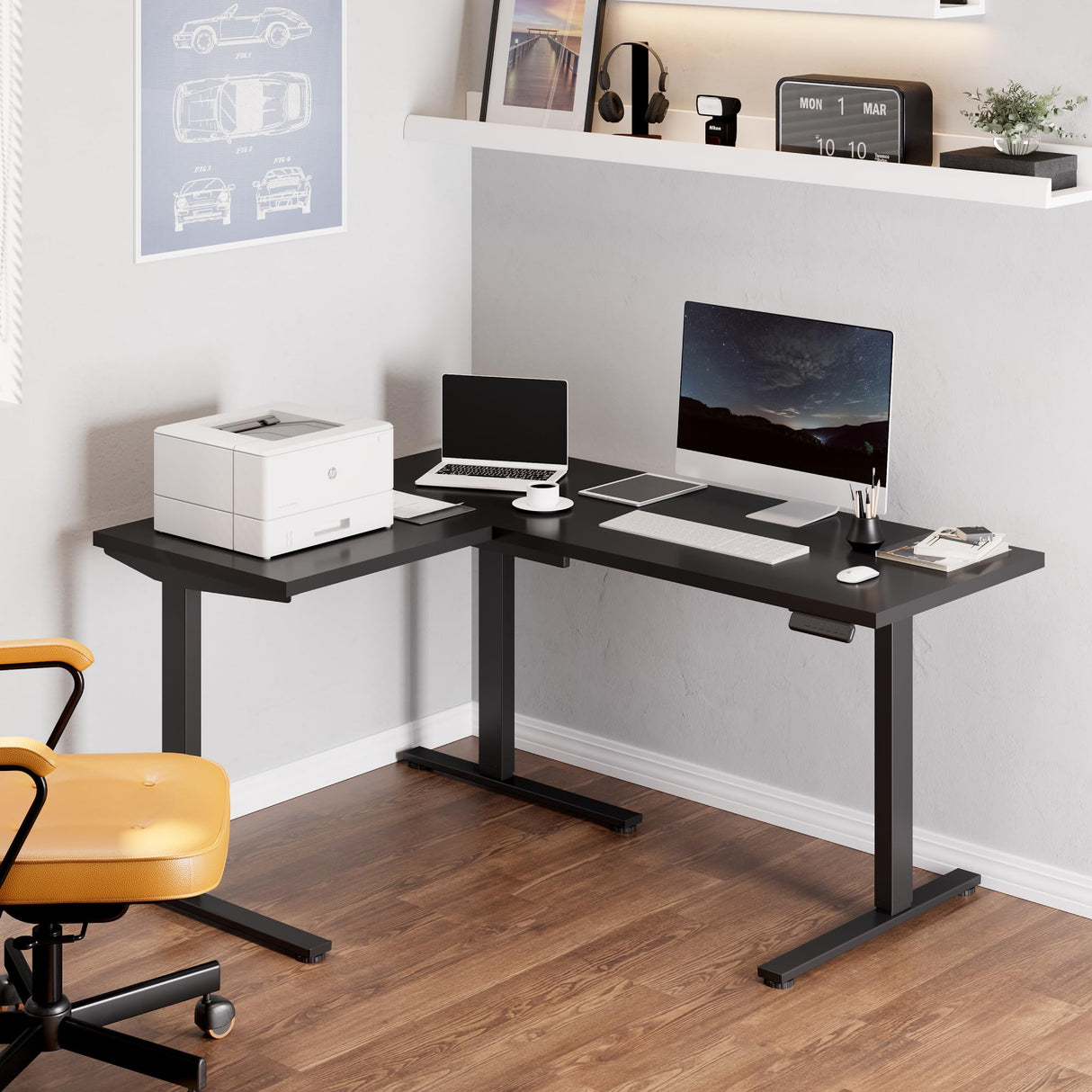 FLEXISPOT L Shaped Standing Desk, 63 x 47 Inch Electric Height Adjustable Corner Desk, Sit Stand Computer Workstation, Preset Controller, Home Office, Black Frame with Black Top FLEXISPOT
