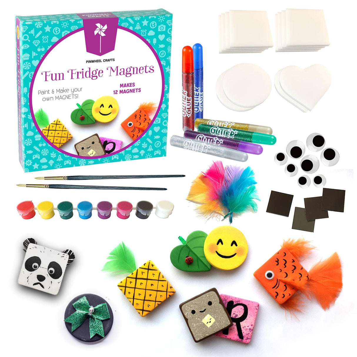 Pinwheel Crafts Magnetic Tile Art Kit Ages 6-12+ Years - Paint Your Own Magnetic Mini Tiles Includes 12 Tiles, Magnets, 8 Paints, Brush, Googly Eyes - DIY Magnet Making Kit for Kids Pinwheel Crafts